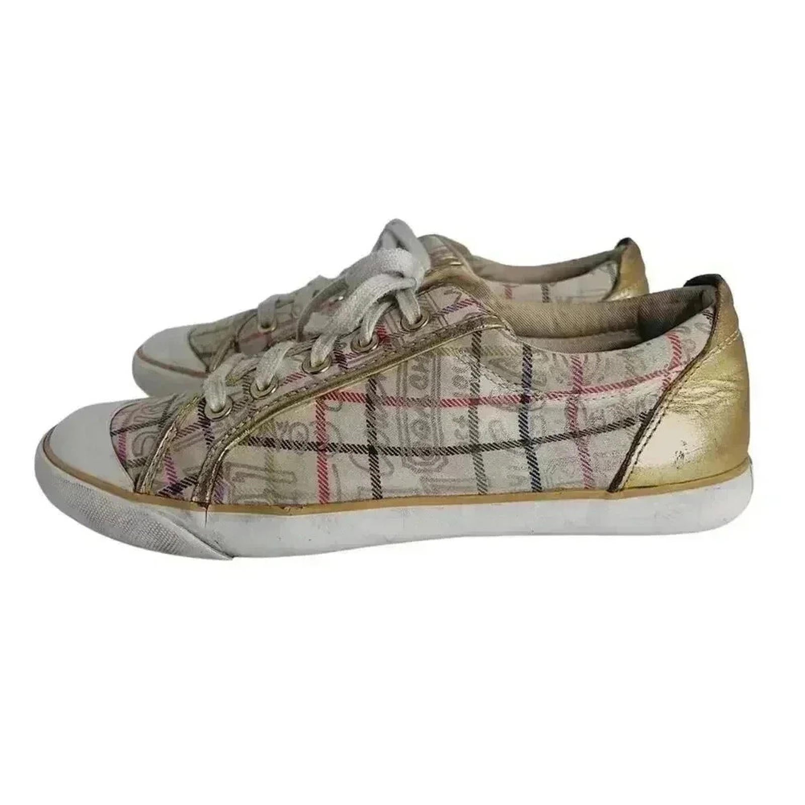 Coach Barrett Cream Multicolored Plaid Gold Leather Sneakers Canvas Size 9.5
