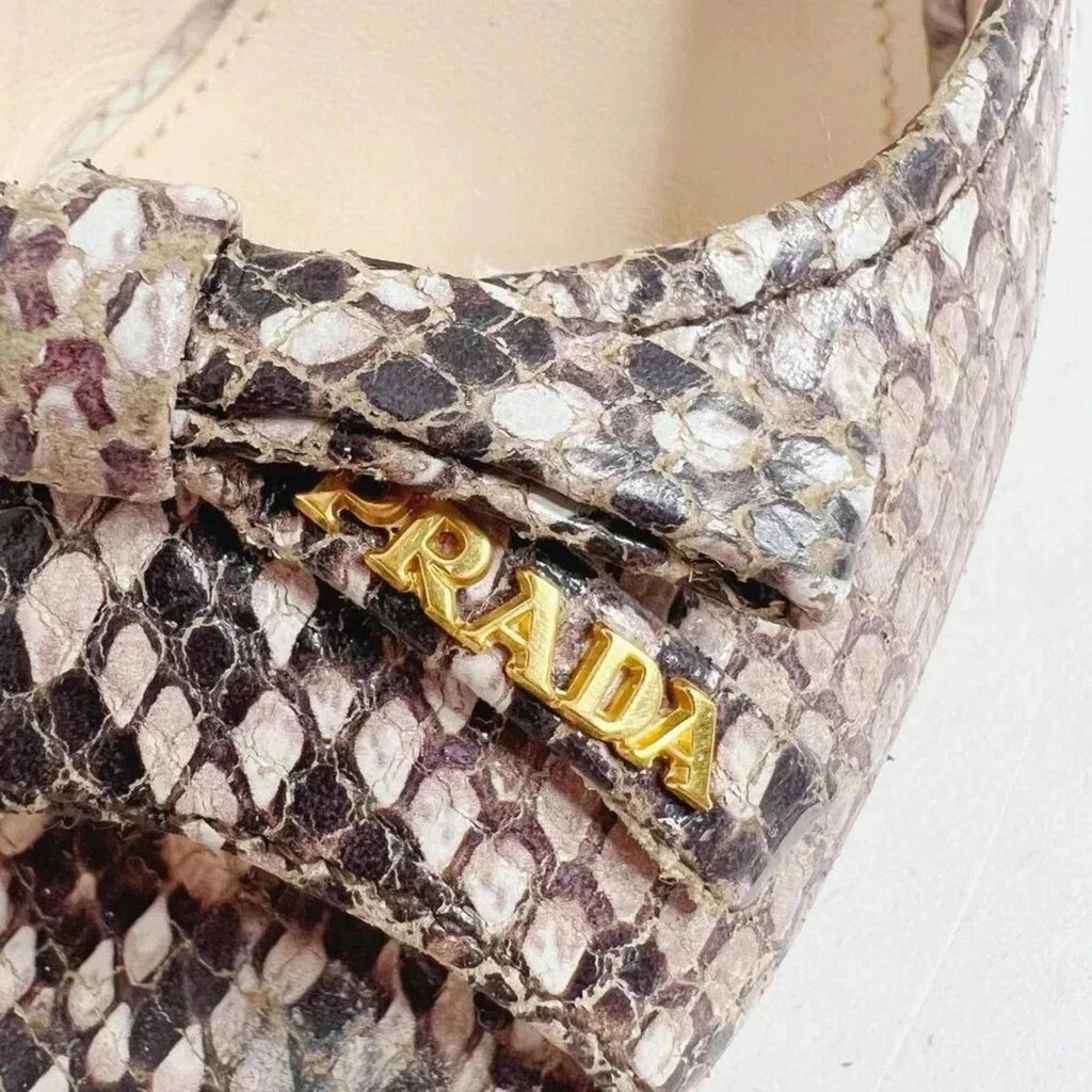 Prada Bow Leather Cork Wedge Peep Toe Pumps Snake Print Size 37.5 3KZ015