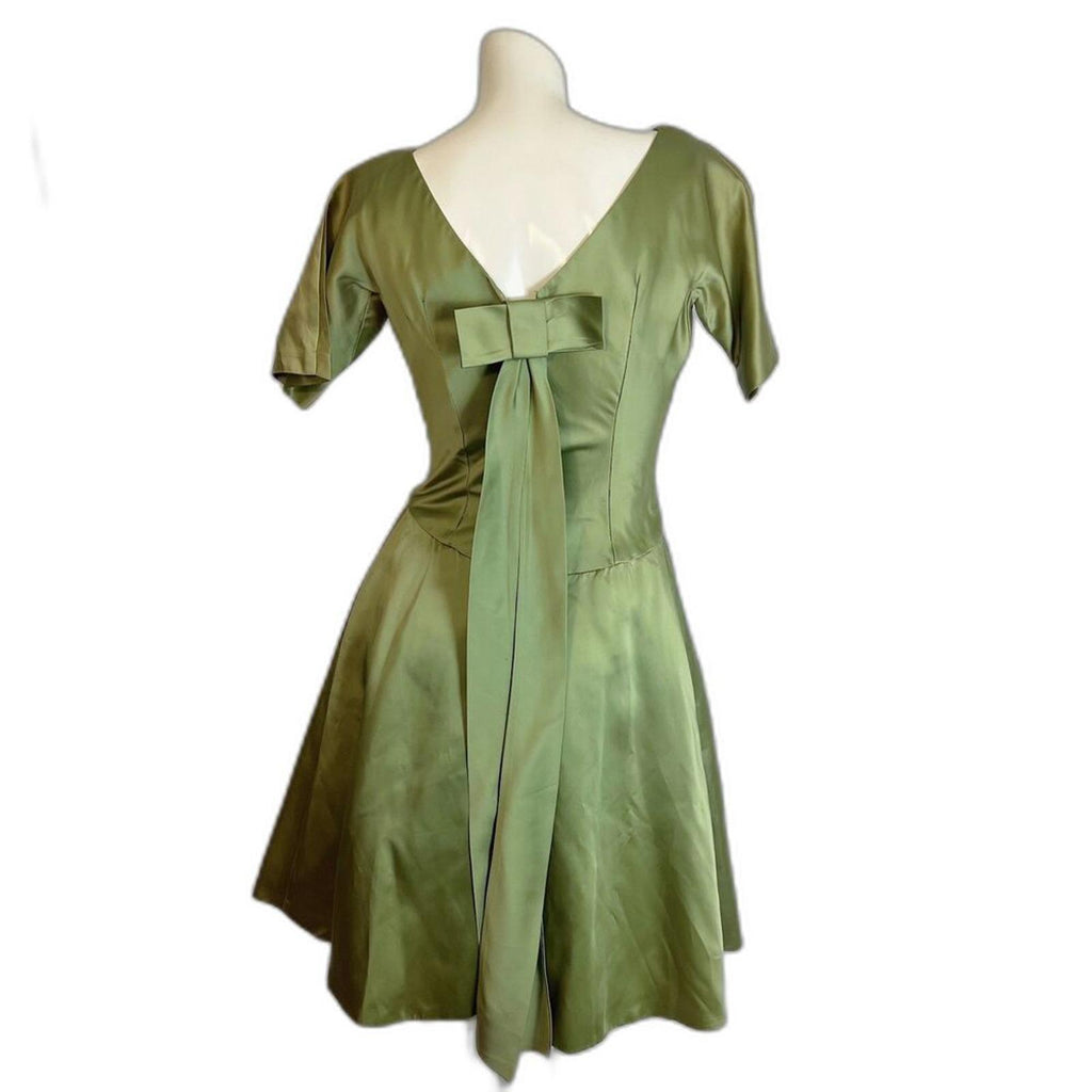 Vintage 1960s Green A Line Dress Bow Back Satin Knee Length Women's Size 11