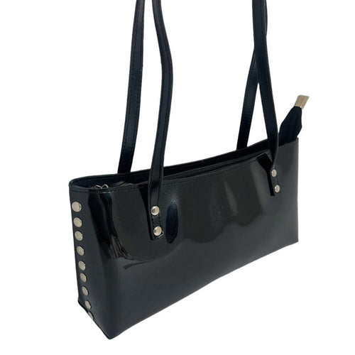 Beijo Black Patent Leather Silver Studded Purse Handbag Shoulderbag