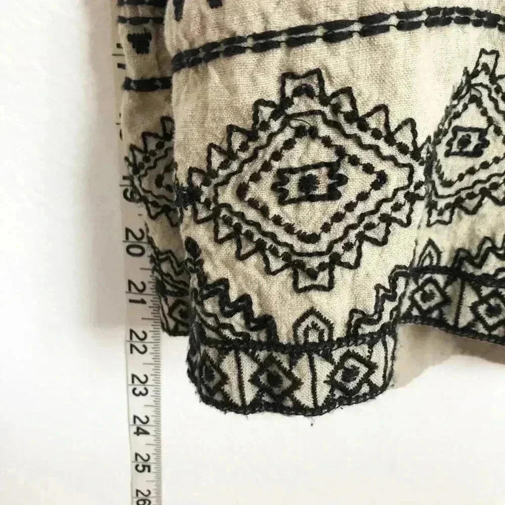 Ann Taylor LOFT Linen Oatmeal Black Embroidered Petite Romper Women's Size 4 P