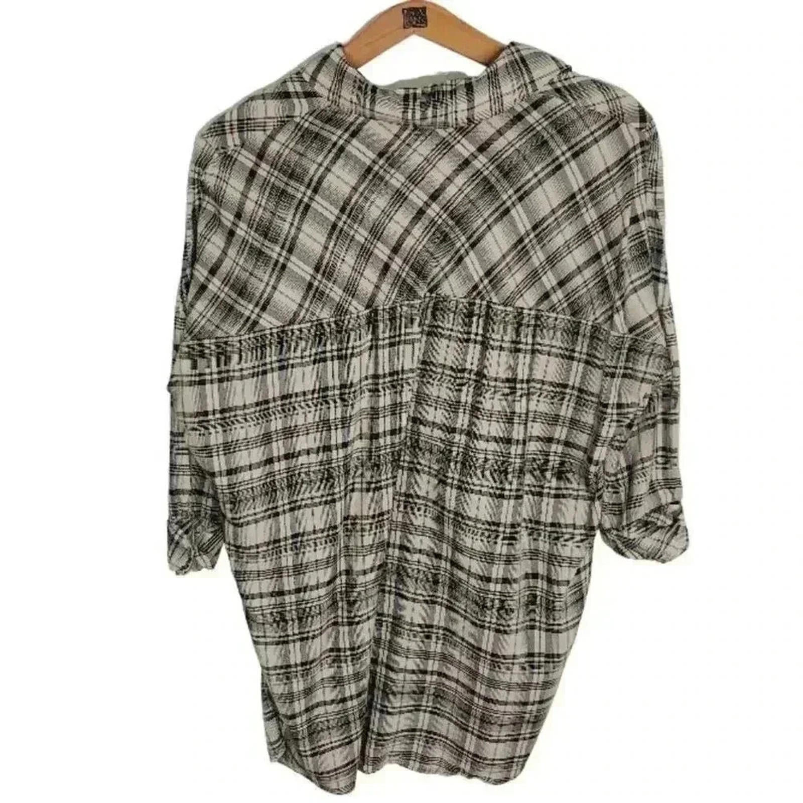 Zara Basic Black Cream Plaid Long Sleeve Tunic Blouse Women's Size XS