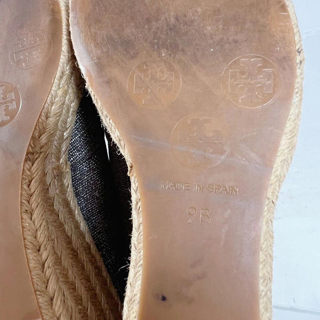 Tory Burch Filipa Canvas Pewter Grey Silver Wedge Espadrille Sandal Size 9