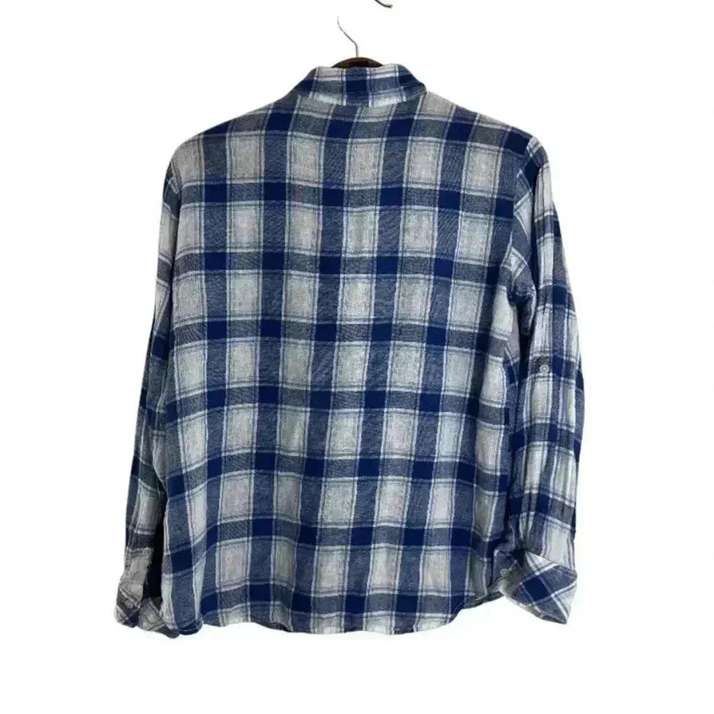 Sanctuary Blue White Plaid Long Sleeve Button Up Blouse Western Women's Size S