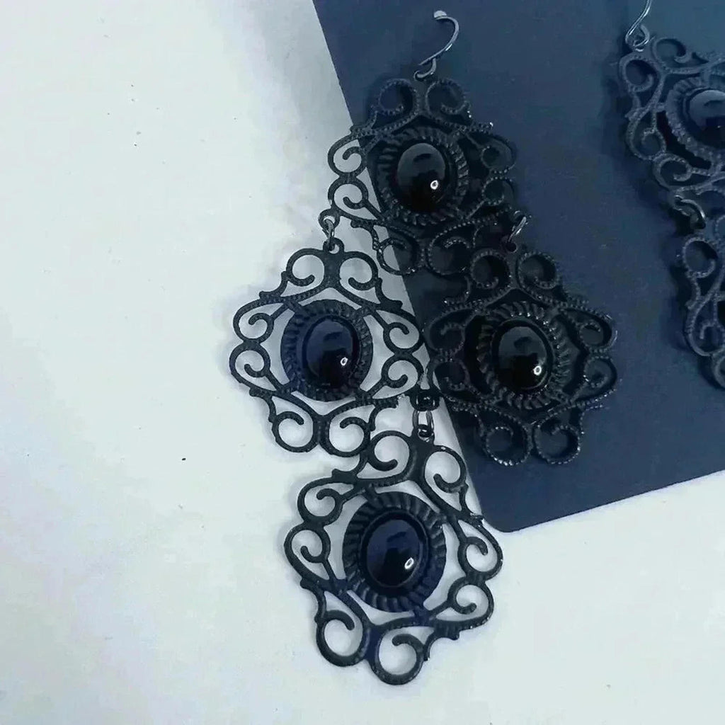 Black Gothic Drop Earrings Statement Dark Halloween Grunge Punk