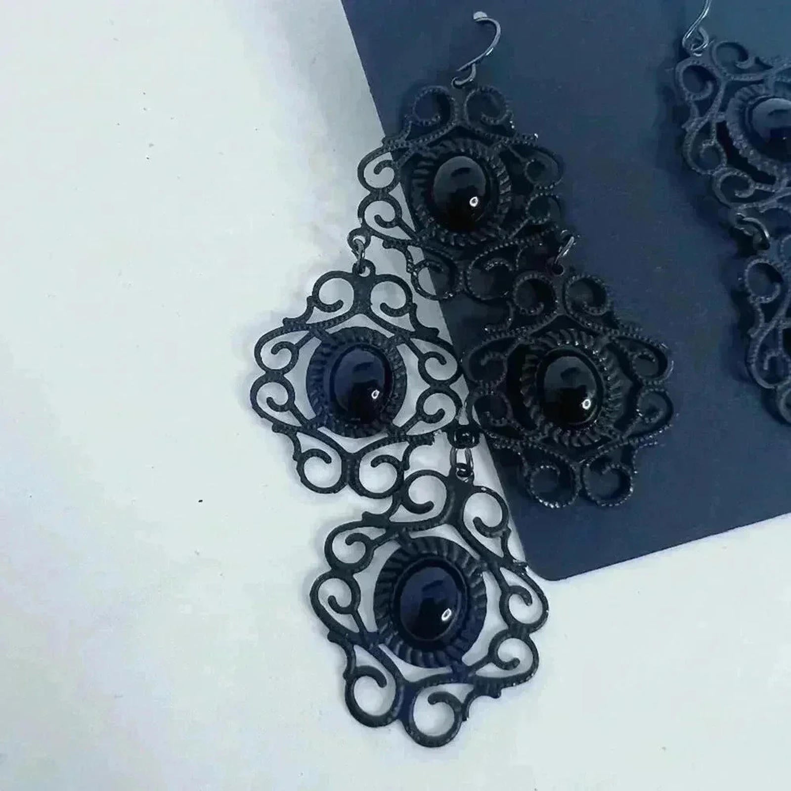 Black Gothic Drop Earrings Statement Dark Halloween Grunge Punk