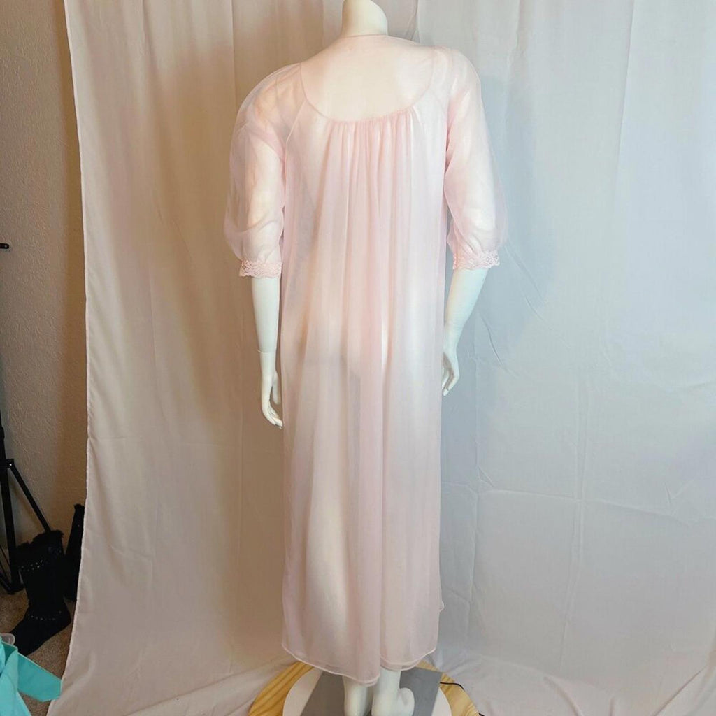 Vintage 1970s Sheer Pink Chiffon Night Gown Lace Details Coquette Size M