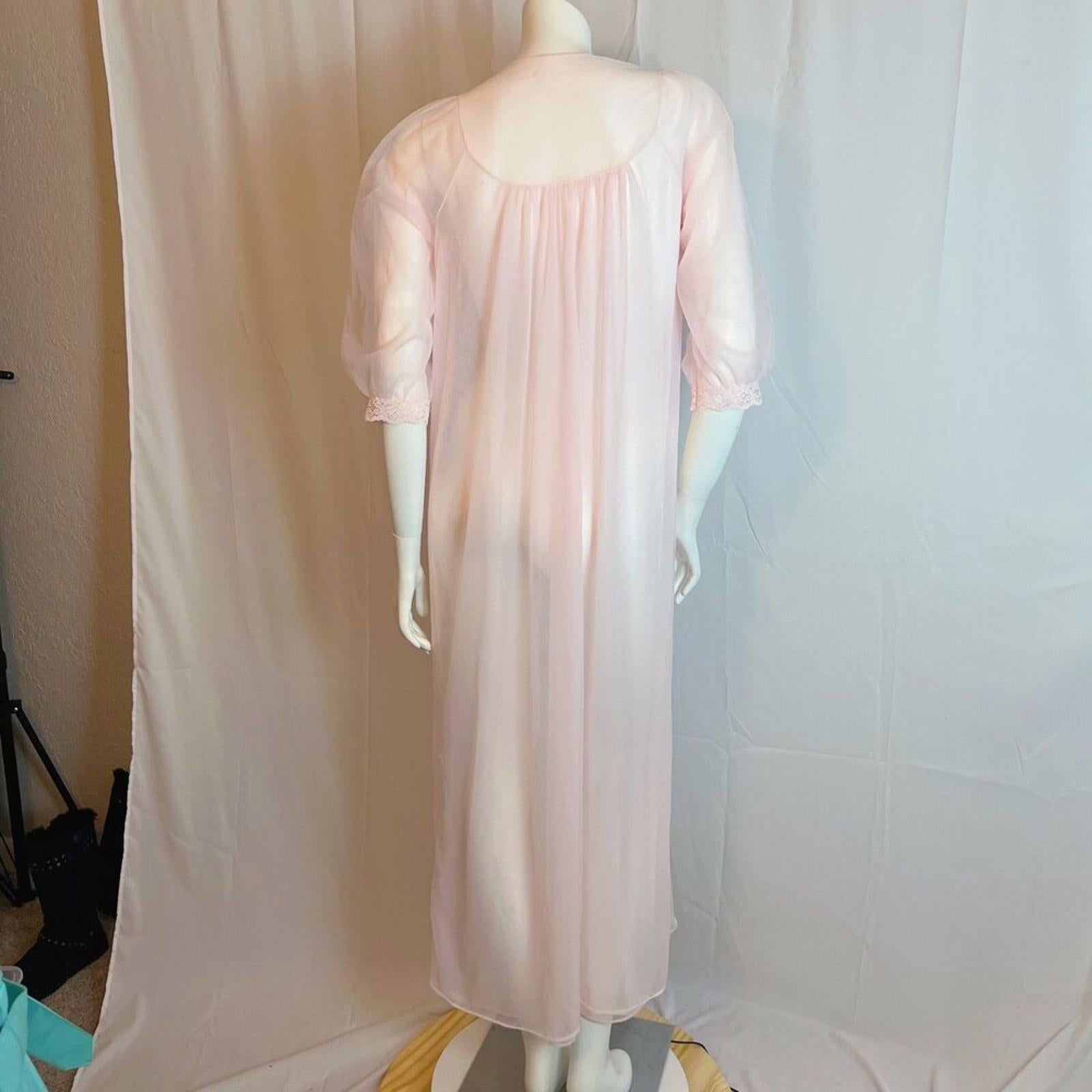 Vintage 1970s Sheer Pink Chiffon Night Gown Lace Details Coquette Size M