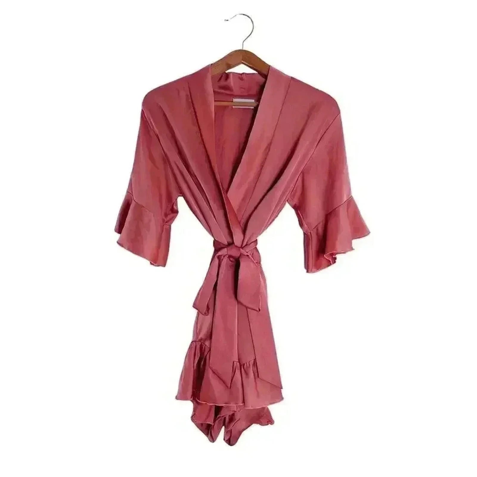 Lioness Rose Pink Satin Romper Plunging Neck Ruffled Hem Women's Size M