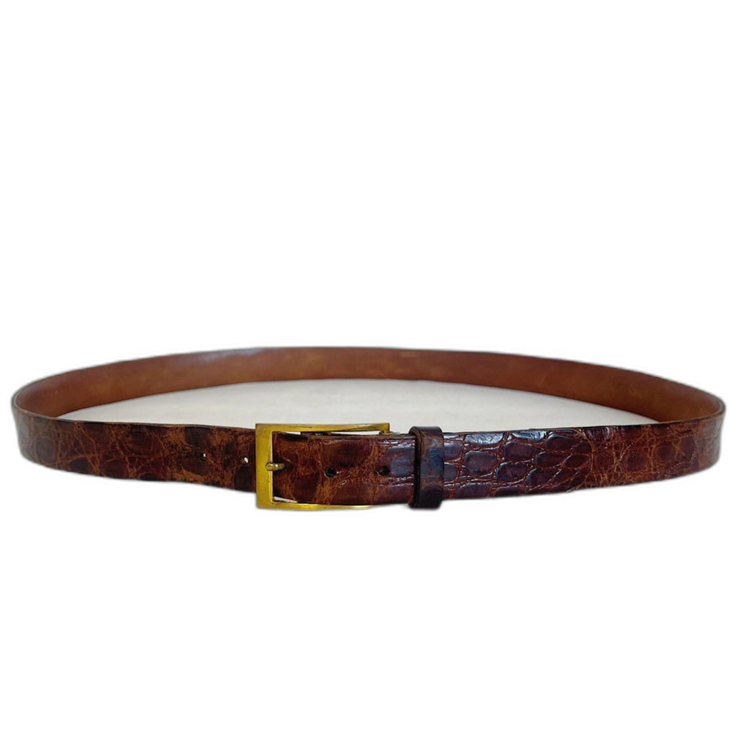 Vintage Mullin's Men's Brown Crocodile Leather Belt Brass Buckle Size 36