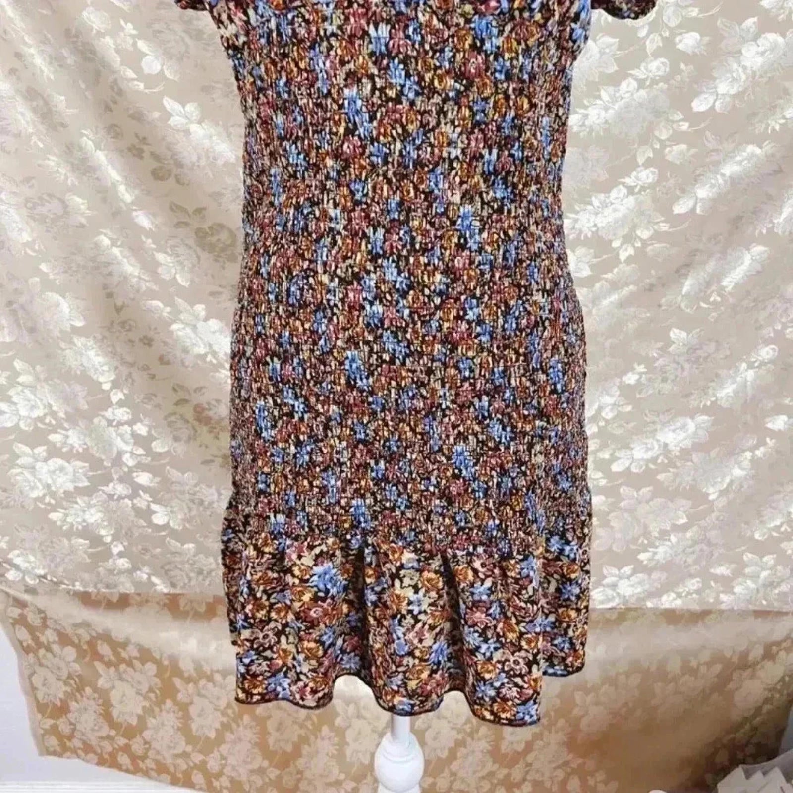 Wild Fable Brown Floral Smocked Dress Puffy Sleeves Women's Size L