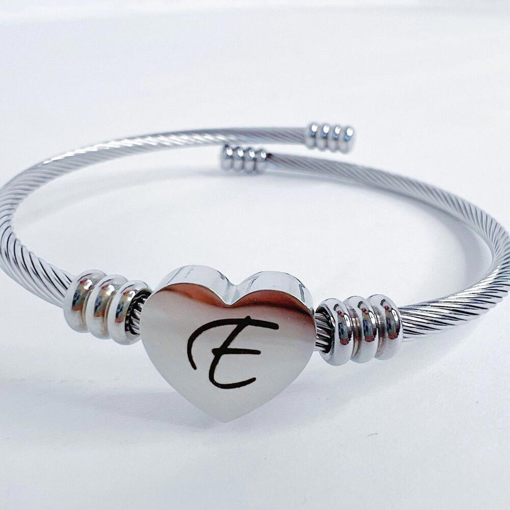 Heart Cable Letter E Initial Bracelet Silver Adjustable Cursive