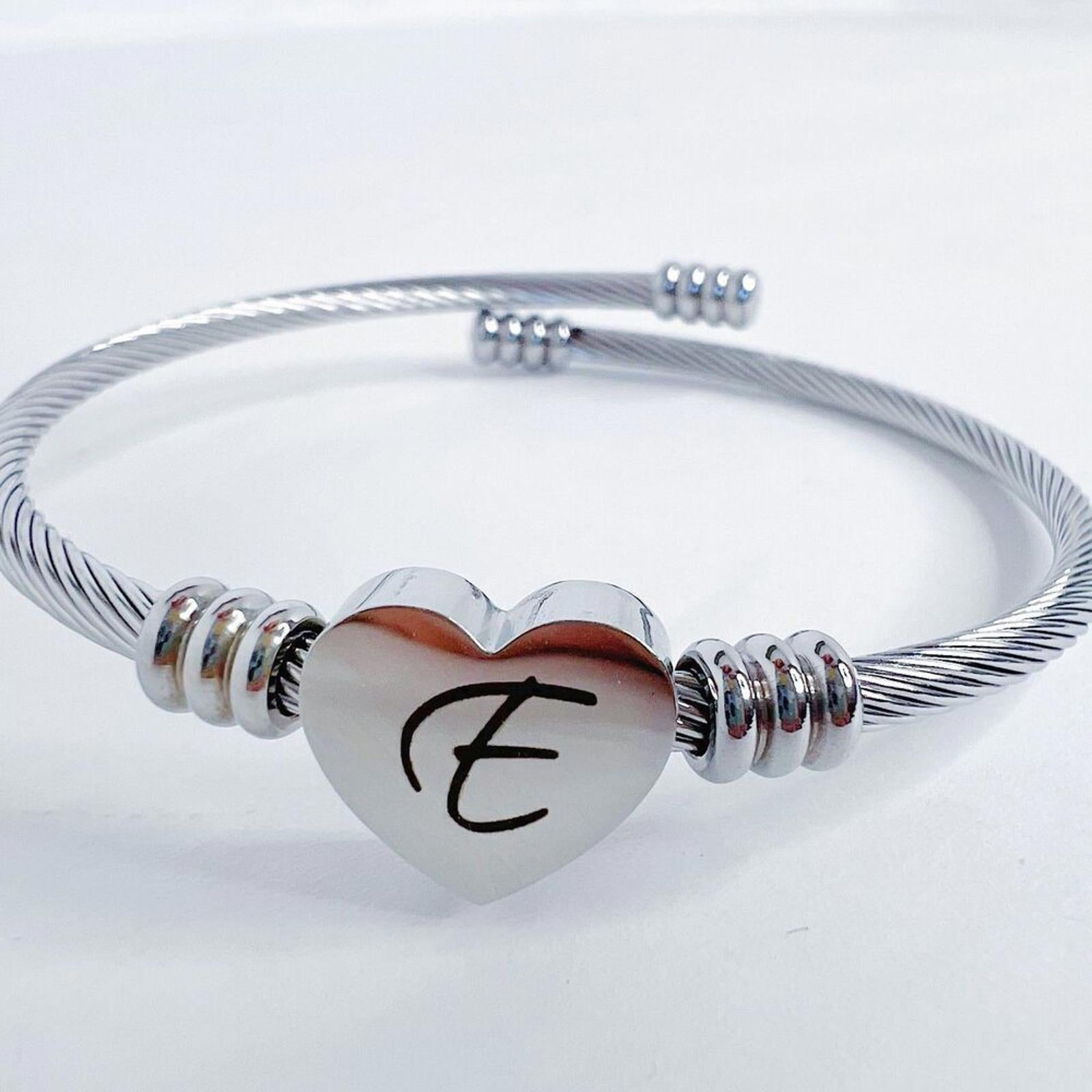 Heart Cable Letter E Initial Bracelet Silver Adjustable Cursive