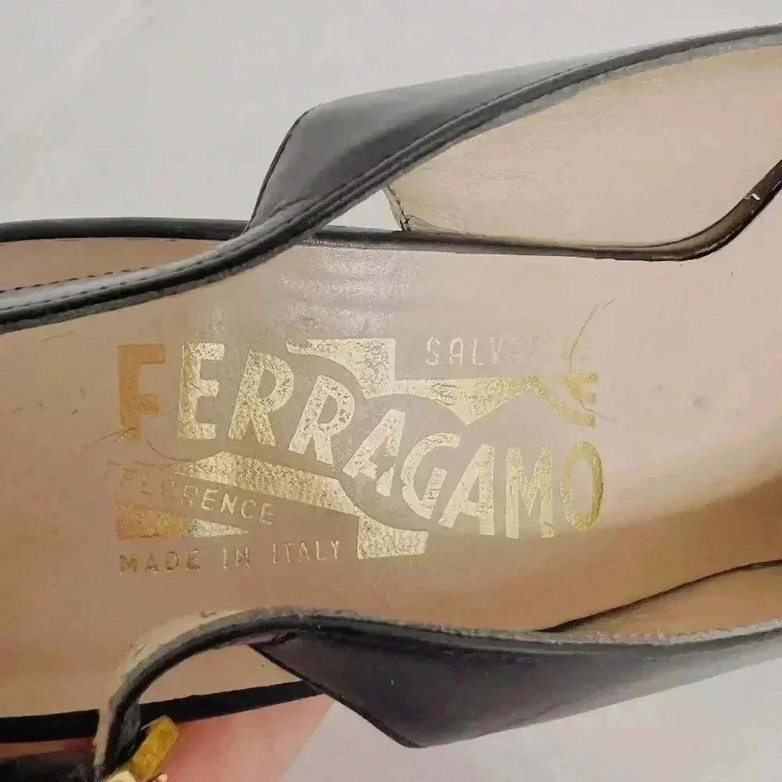 Ferragamo Vintage Leather Slingback Peep Toe Heels Gold Emblem Women's Size 6.5