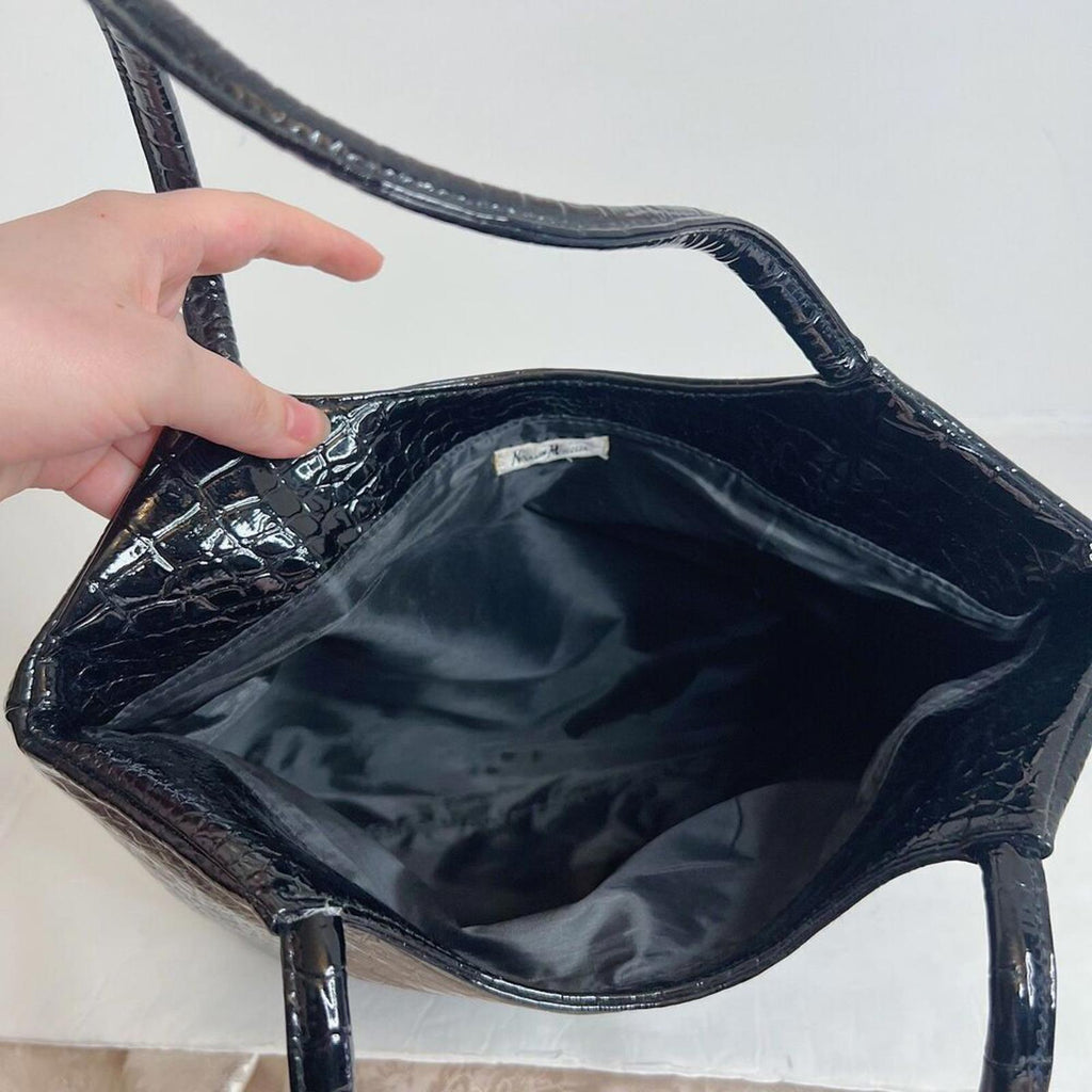 Neiman Marcus 90s Vintage Black Patent Leather Crocodile Shoulder Bag Purse