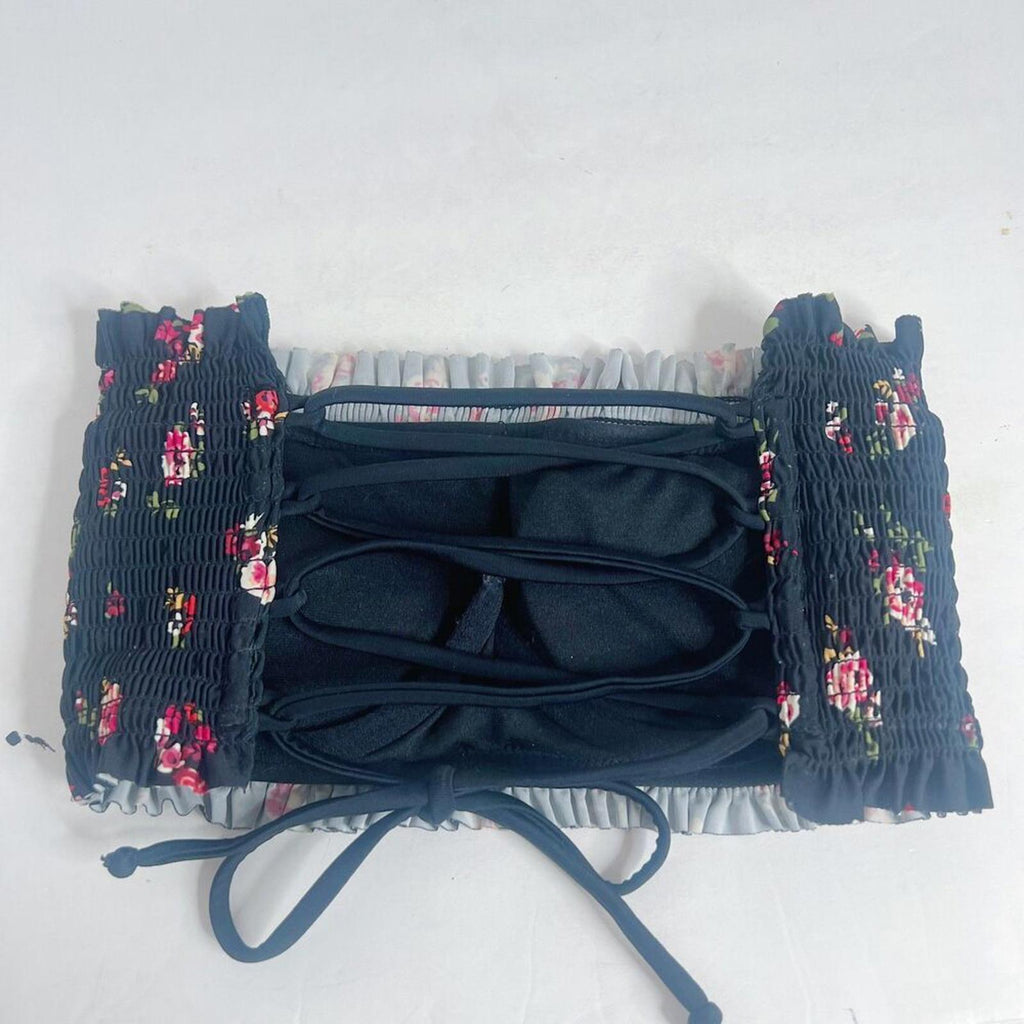 Xhilaration Smocked Floral Bikini Top Underwire Lace Up Back Black Pink Size S