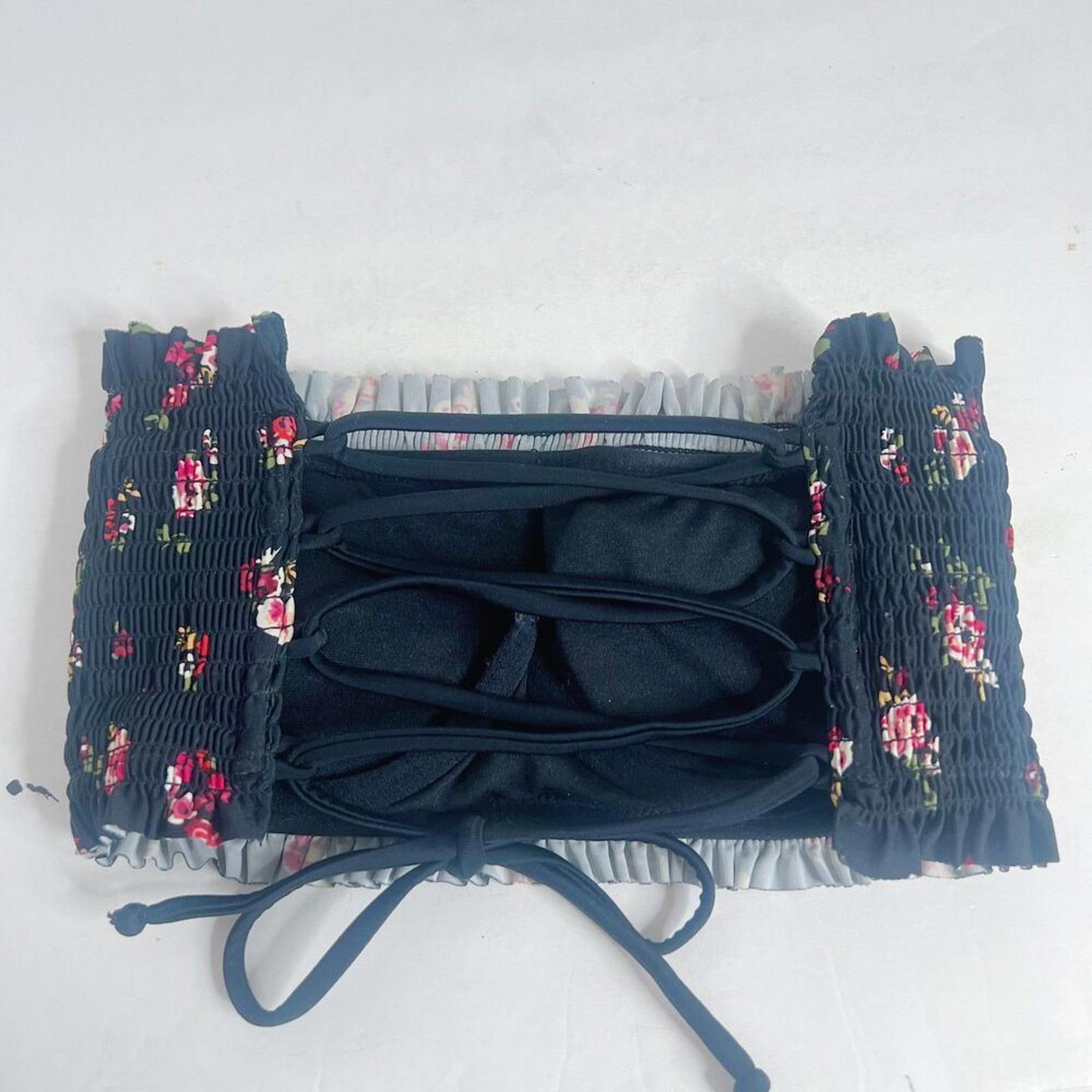 Xhilaration Smocked Floral Bikini Top Underwire Lace Up Back Black Pink Size S
