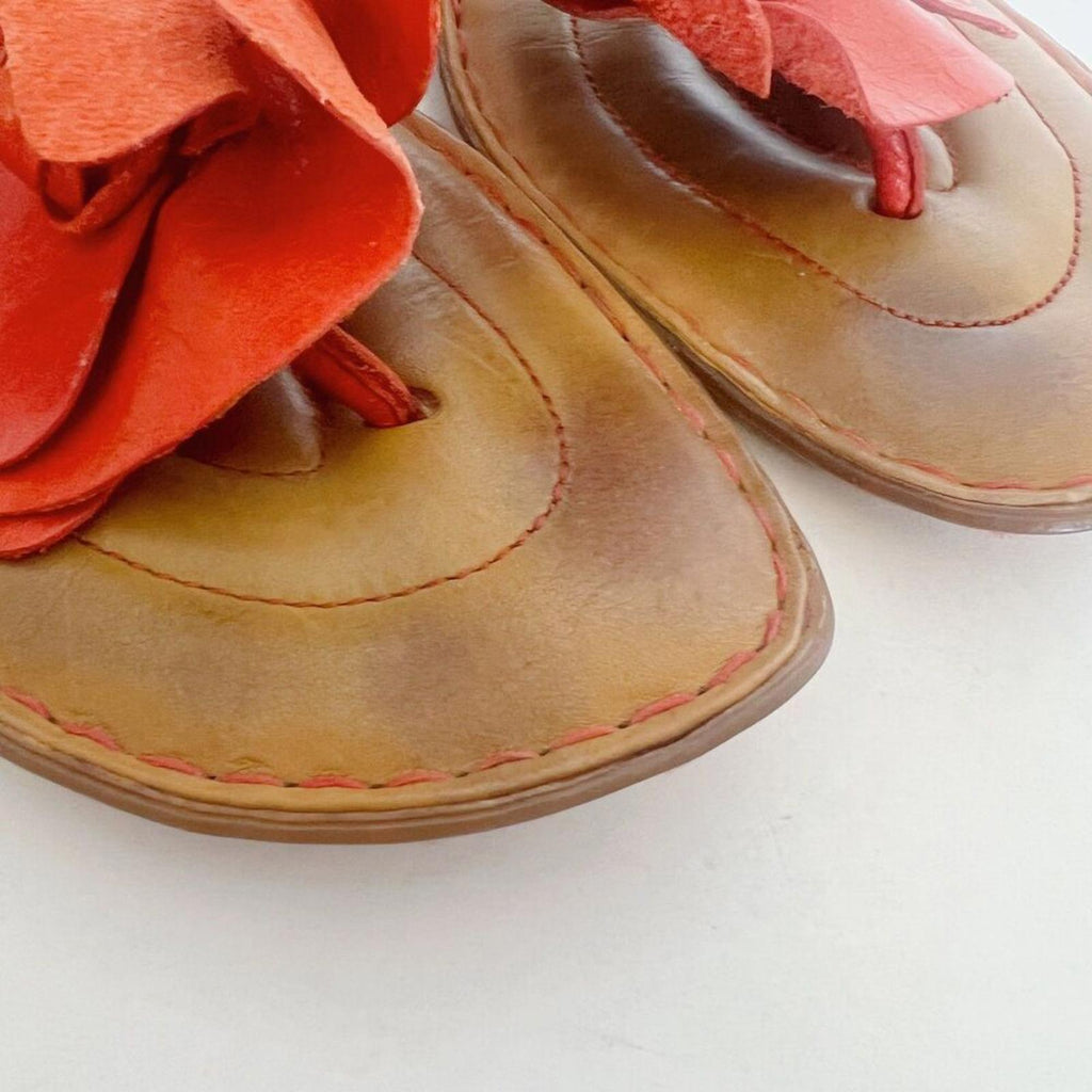 Born Crown Women's Orange Flower Leather Flip Flops Sandals Thongs Size 8