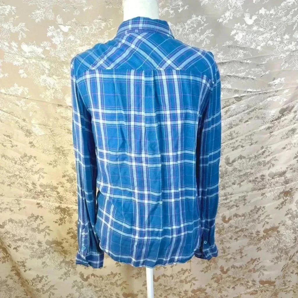 PAIGE Denim Mya Plaid Pocket Long Sleeve Shirt Nocturnal Blue Fog Size M