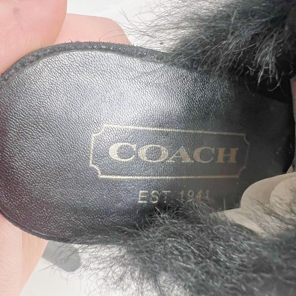 Coach Kristy Black Suede Fur Lined Mules Black Leather Women's Size 6.5