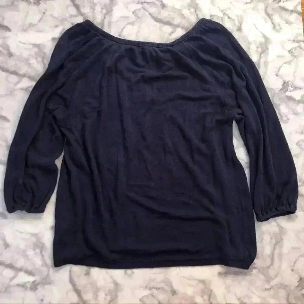 Joie Navy Blue Linen 3/4 Sleeve Blouse Summer Quiet Luxury Tassel Size XS