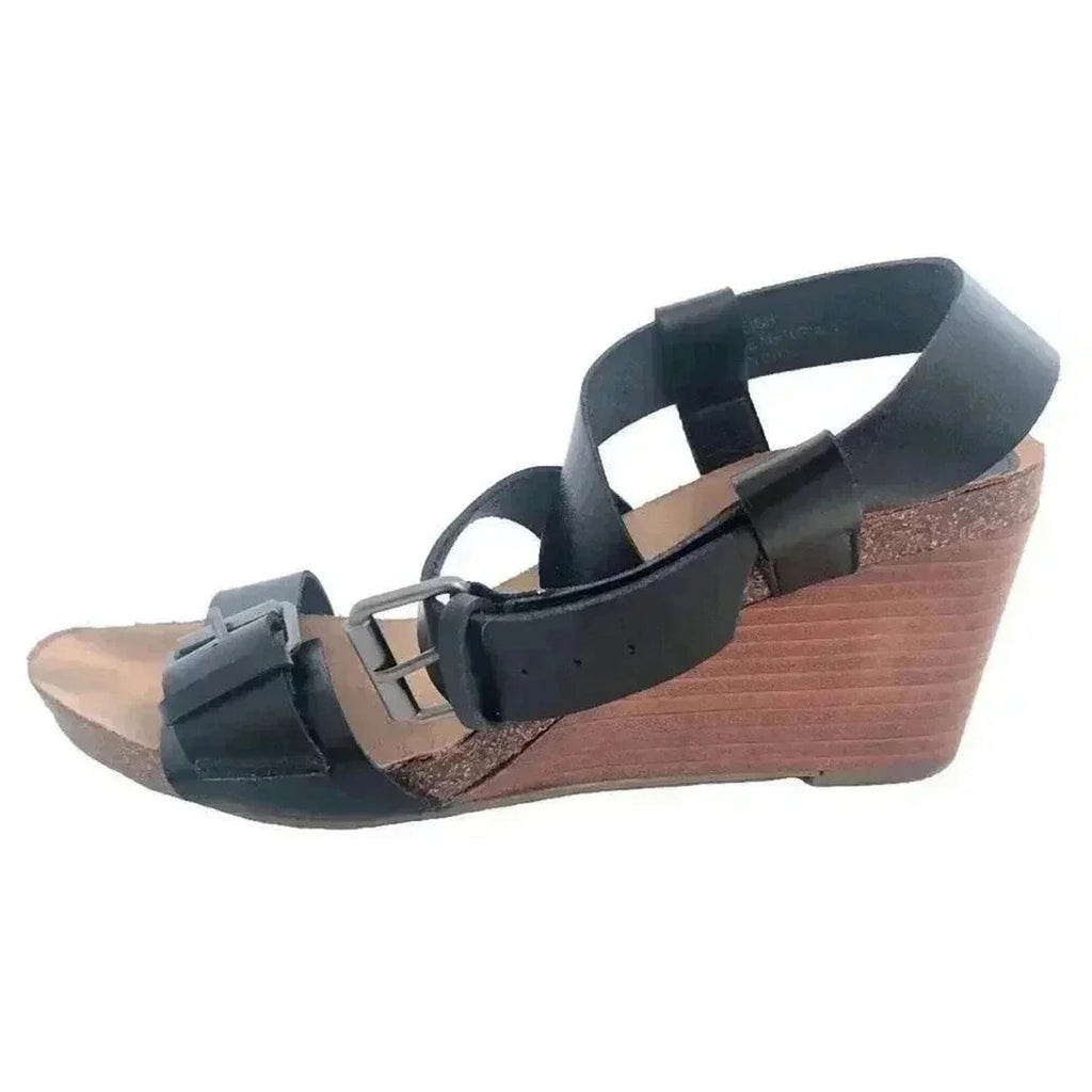 Crown Vintage Sigh Sandals Black Leather Strappy Wedges Heels Women's Size 10