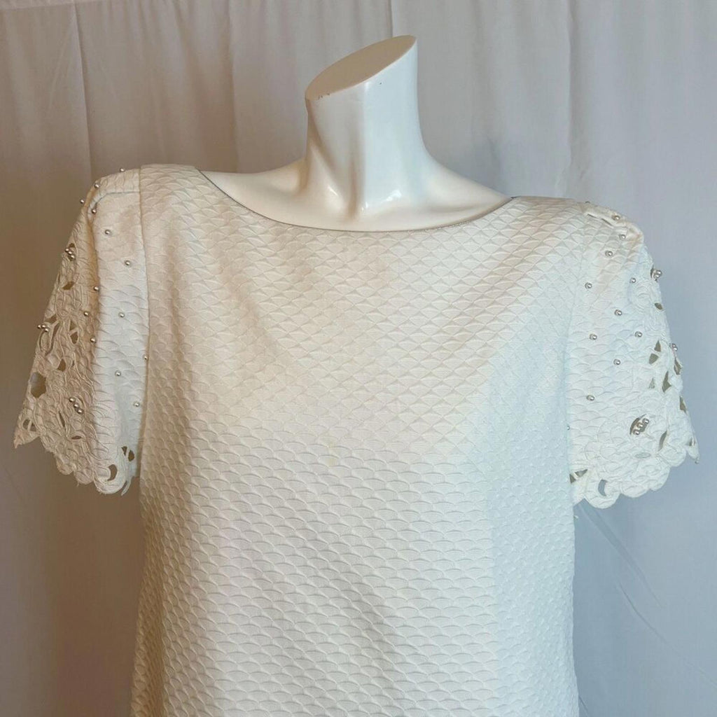 Vintage 1990s Mary McFadden Collection White Shift Dress Pearl Bridal Size 10