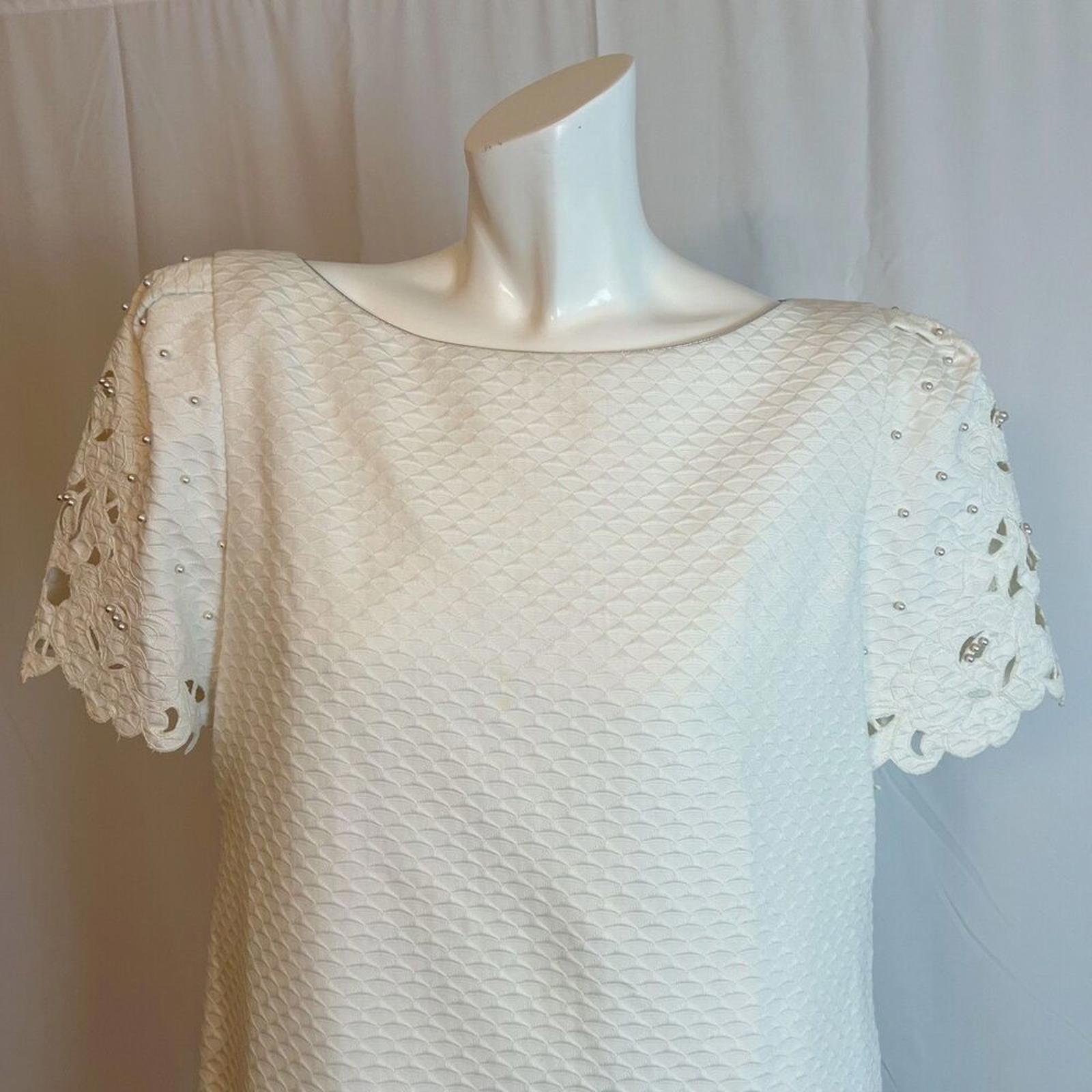 Vintage 1990s Mary McFadden Collection White Shift Dress Pearl Bridal Size 10