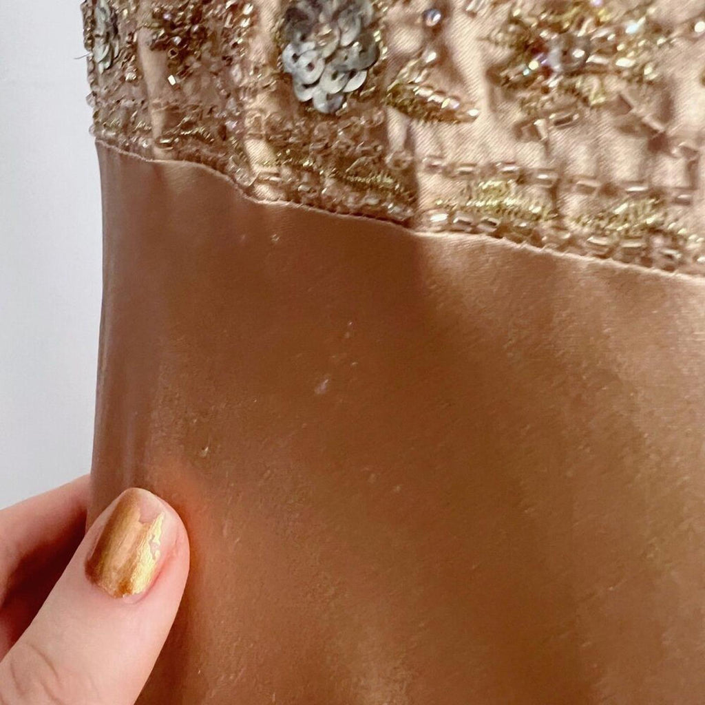 y2k Vintage Silk Dusk Collection Champagne Gold Hand Beaded Evening Gown Size 10