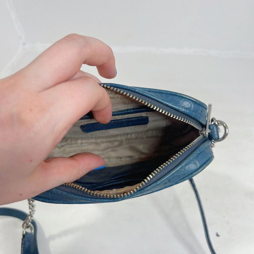 Michael Kors Blue Crocodile Embossed Leather Silver Chain Crossbody Bag Purse