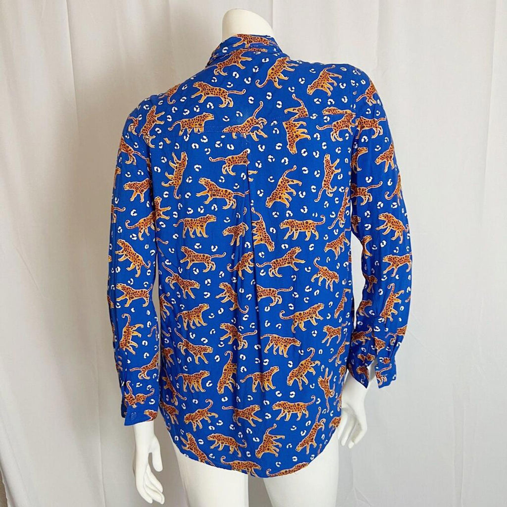 BeachLunchLounge Blue Leopard Animal Long Sleeve Button Up Blouse Women's Size S