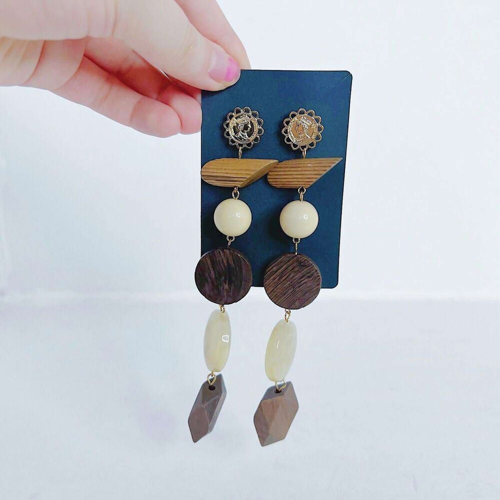 Natural Wood Statement Earrings Geometric Block Dangling Boho
