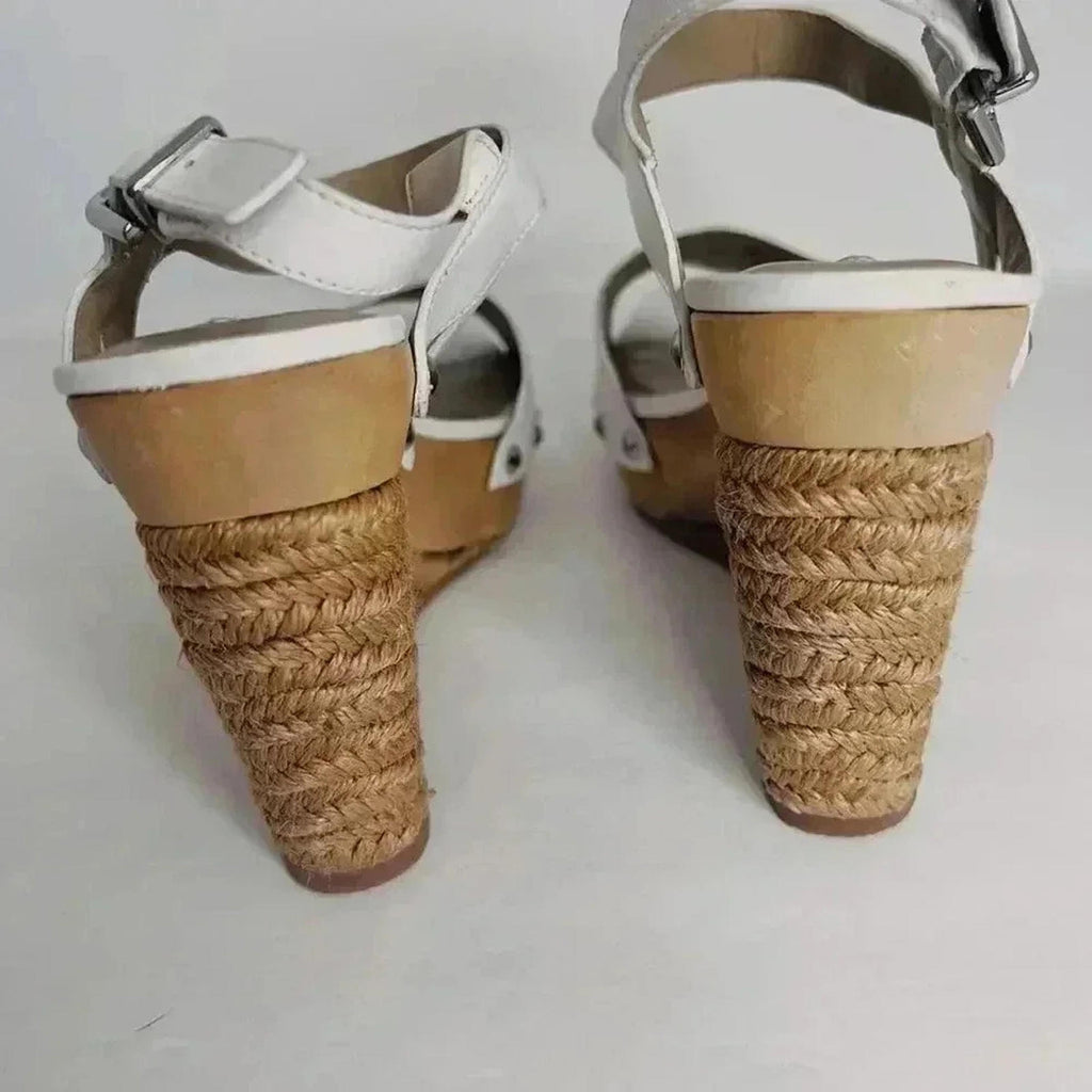 Via Spiga White Leather Wedges Woven Sandal Heels Women's Size 8