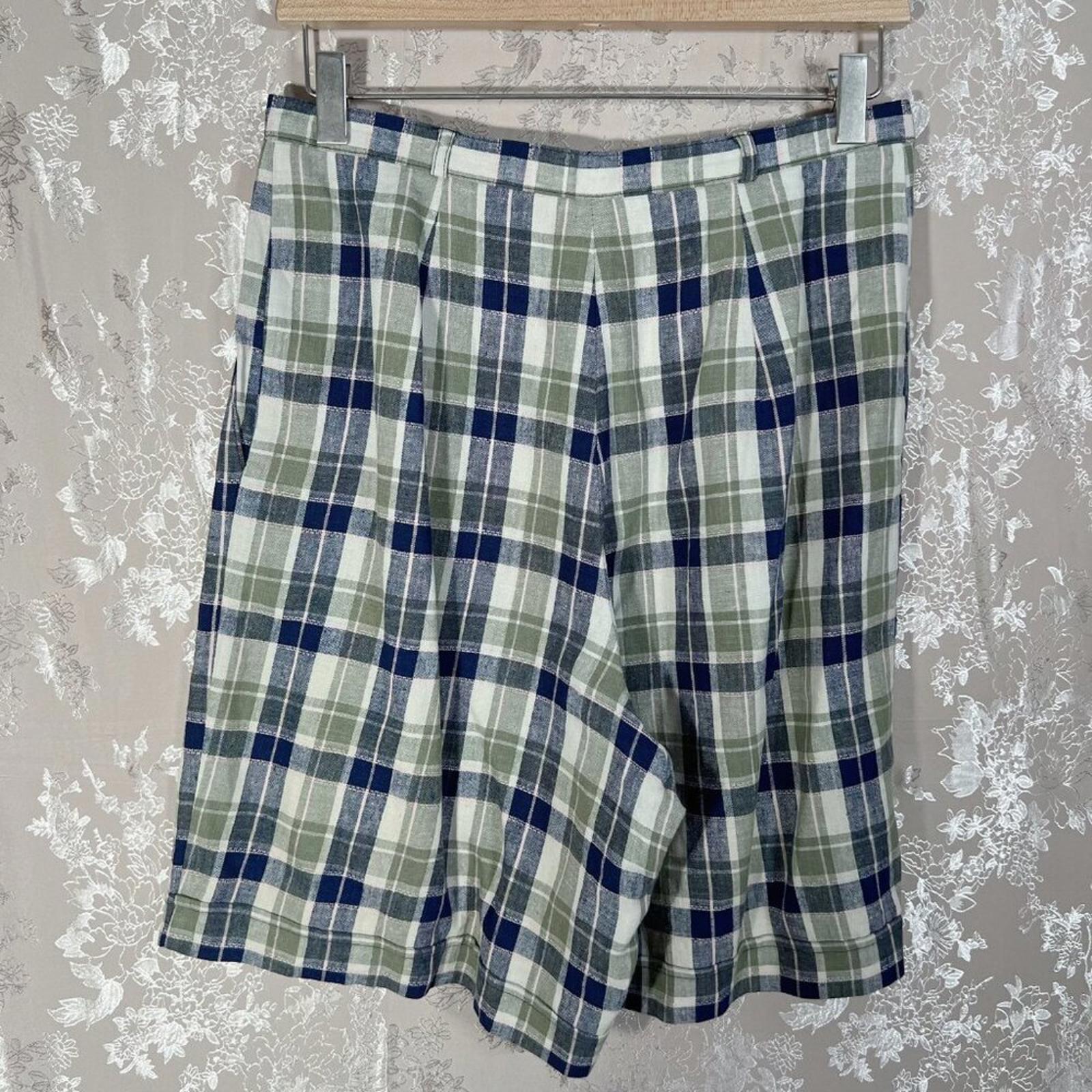 Vintage Tofy Green and Blue Plaid Linen Bermuda Shorts Women's Size 10