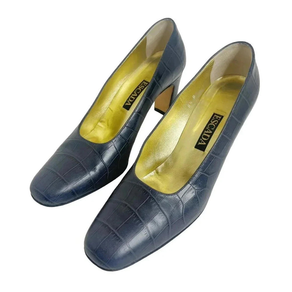 Escada Vintage Navy Blue Crocodile Rounded Toe Pumps Women's Size 8.5