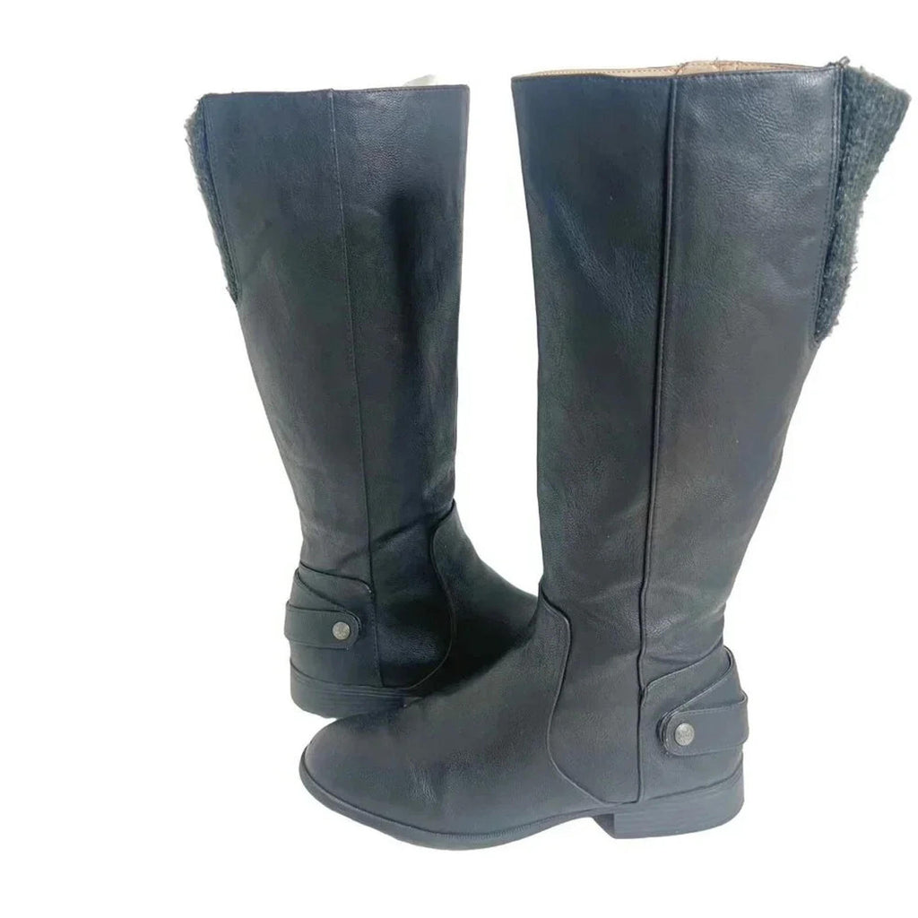 Life Stride Amy Black Faux Leather Knee High Riding Boots Knit Back Size 8.5