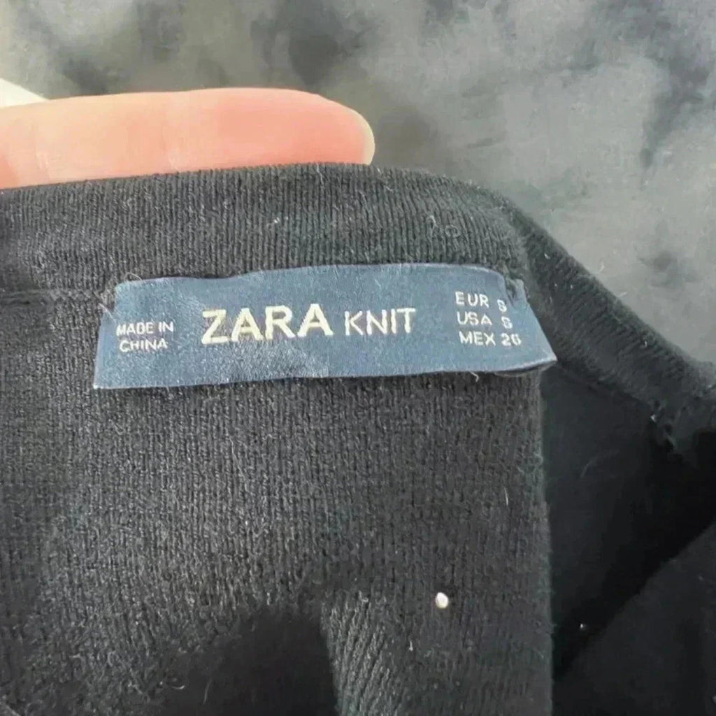 Zara Pearl Embellished Black Knit Short Sleeve Top Size S