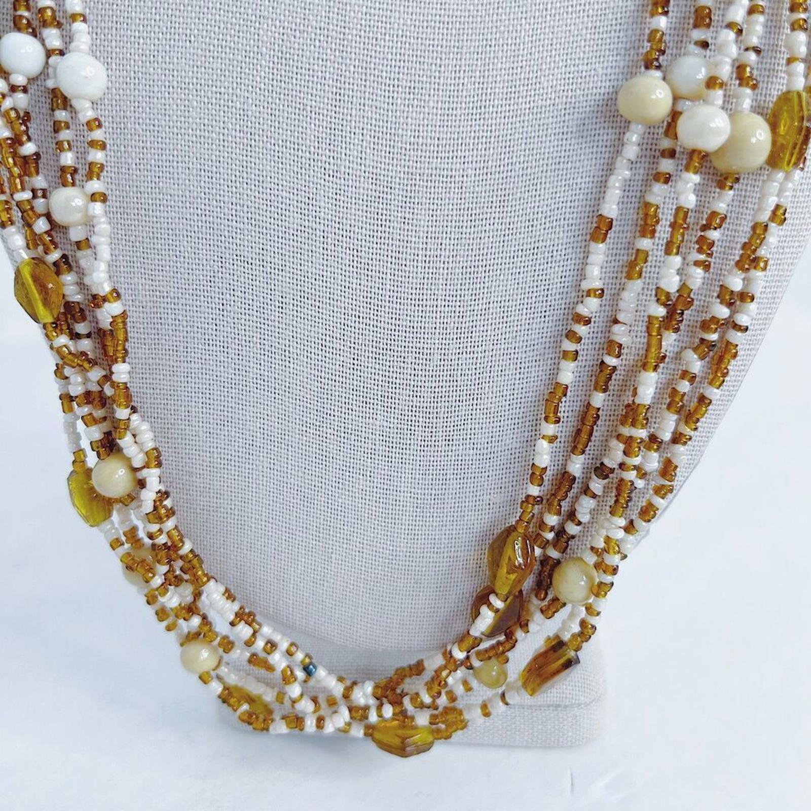Brown and White Beaded Multistrand Seed Bead Statement Necklace Boho