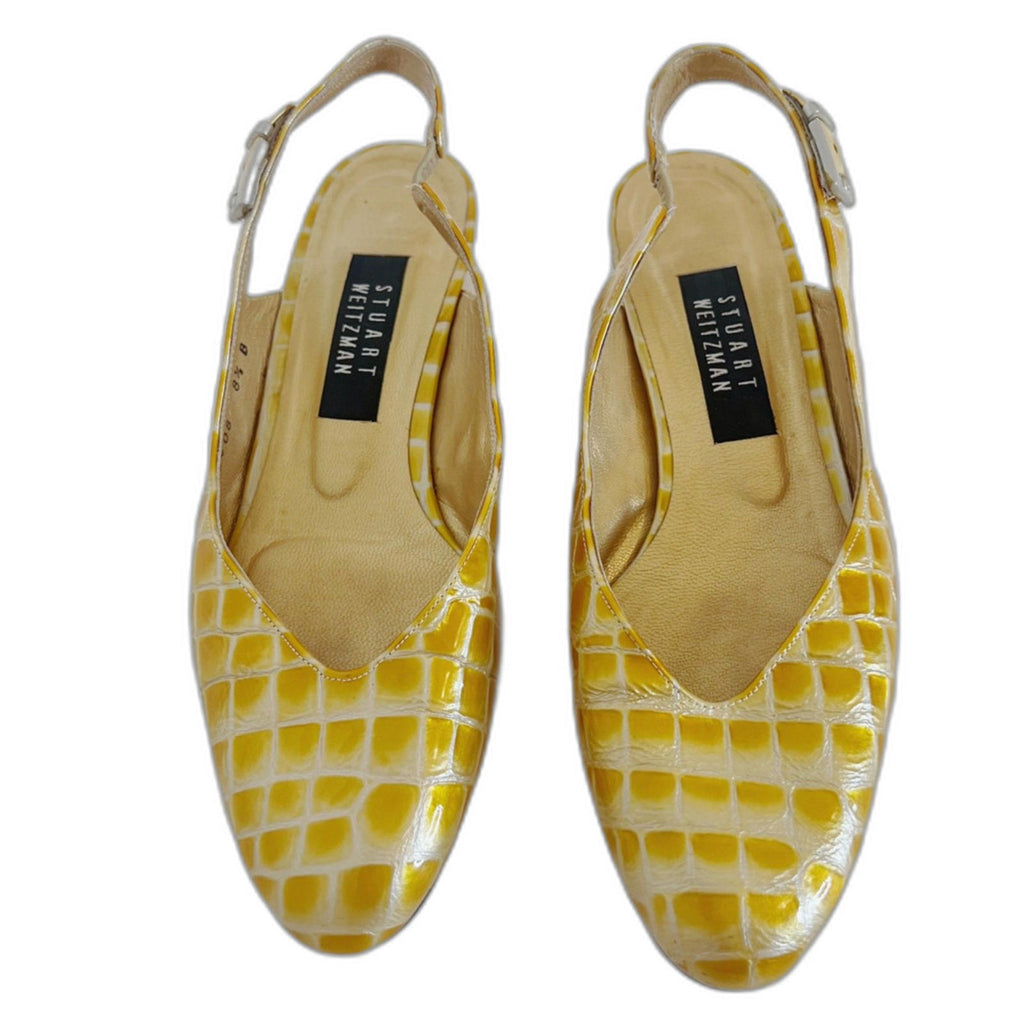 Stuart Weitzman RARE 90s Yellow Crocodile Patent Leather Slingback Size 8.5
