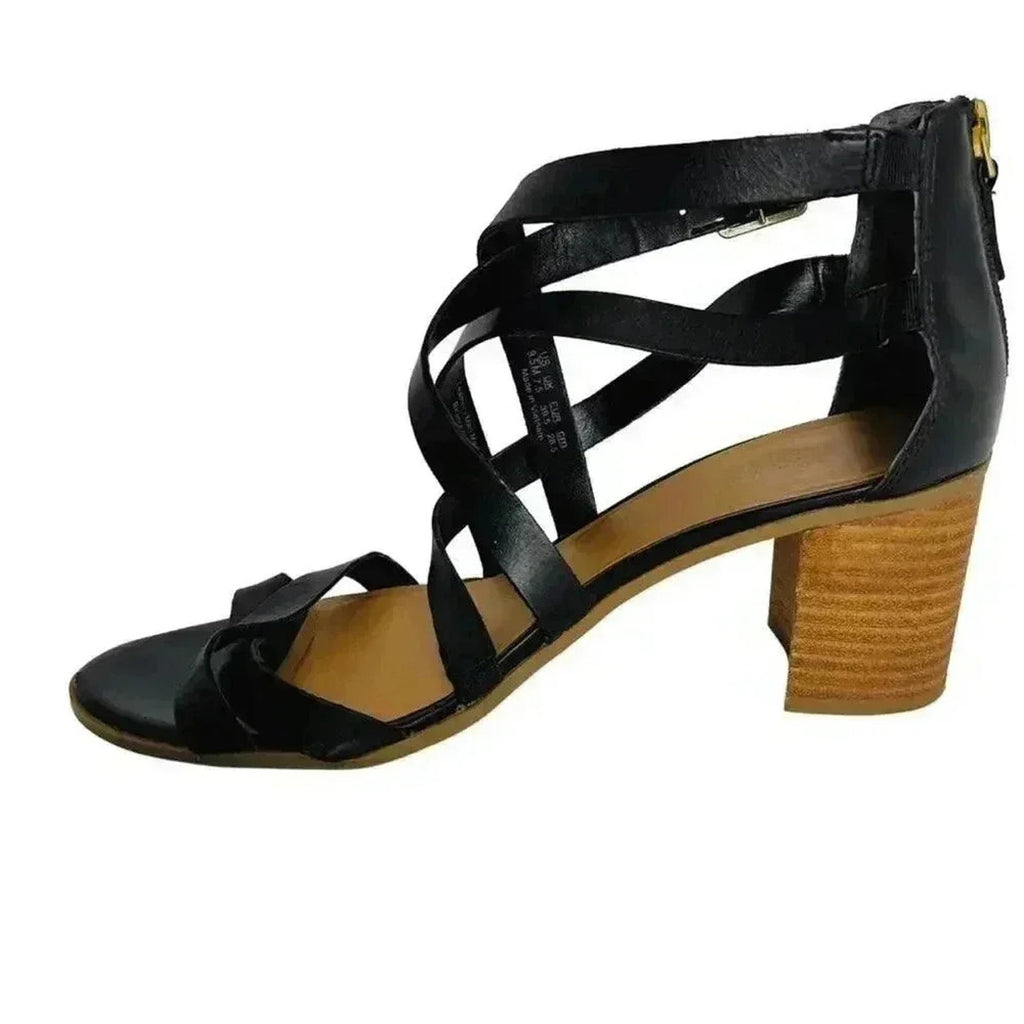 Franco Sarto Black Leather Heeled Sandals Strappy Women's Size 9.5
