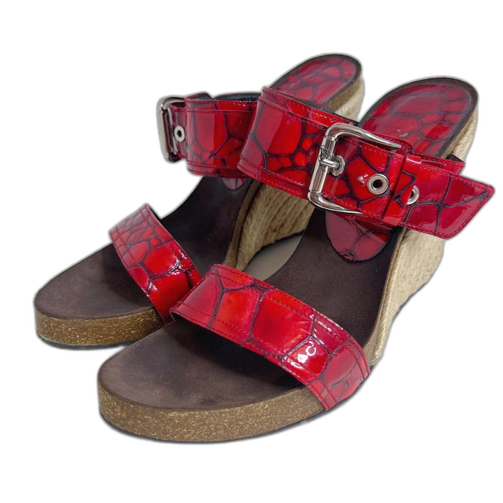 y2k Vintage Donald Pliner Red Crocodile Wedges Patent Leather Sandals Size 9.5