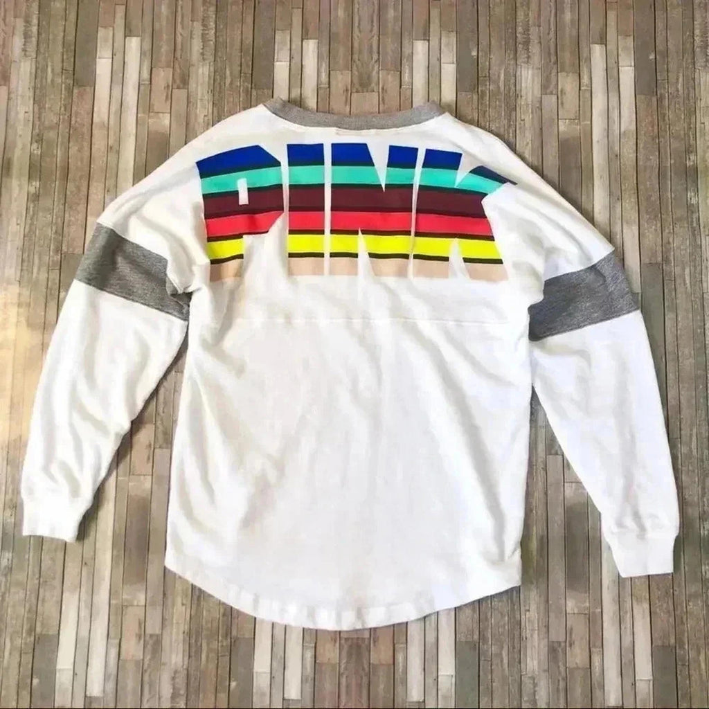 VS PINK Victoria's Secret White Grey Crewneck Pullover Sweatshirt Women's Size M