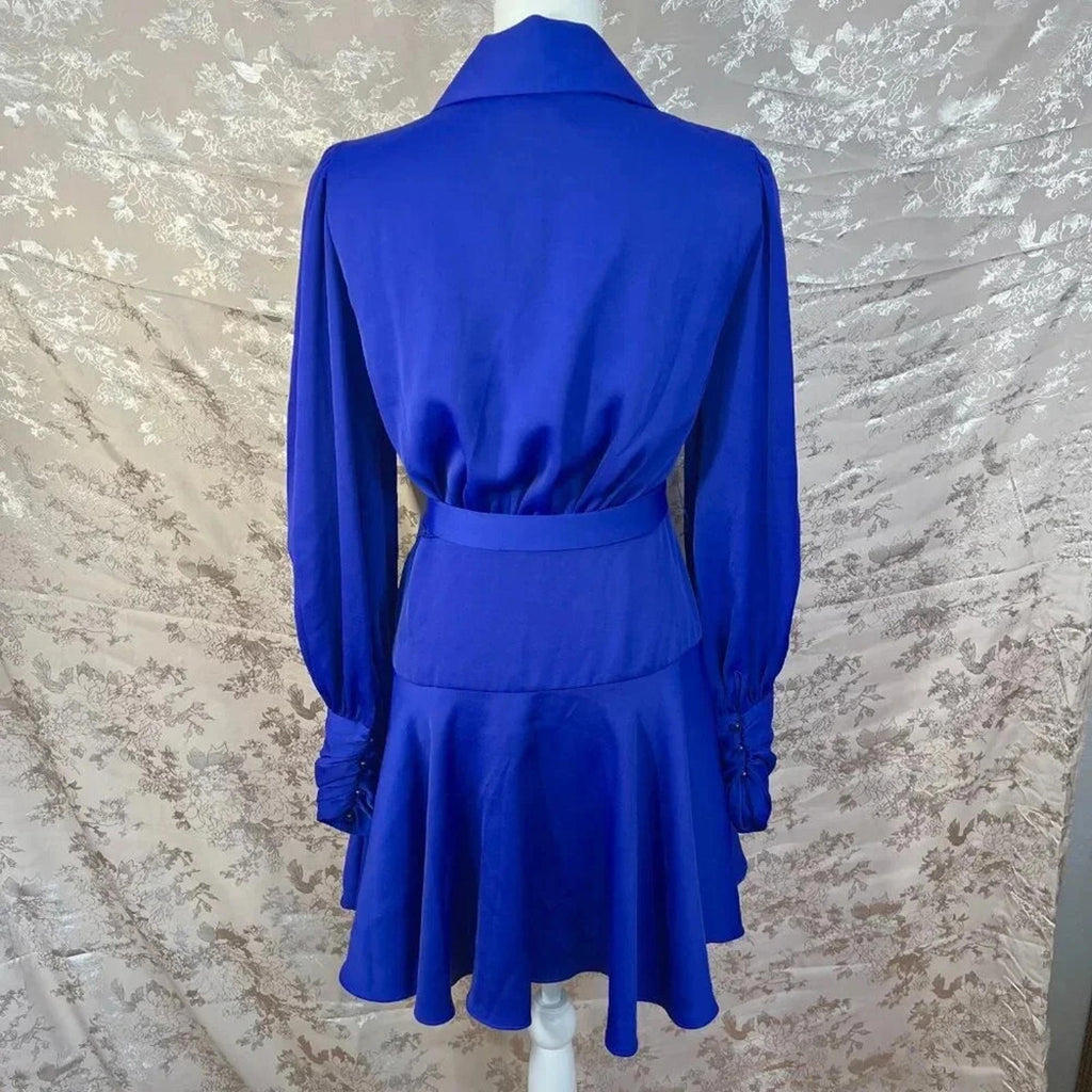 ALEXIA ADMOR Phoebe Ruffle Wrap Dress Blue Satin Dress Women's Size M