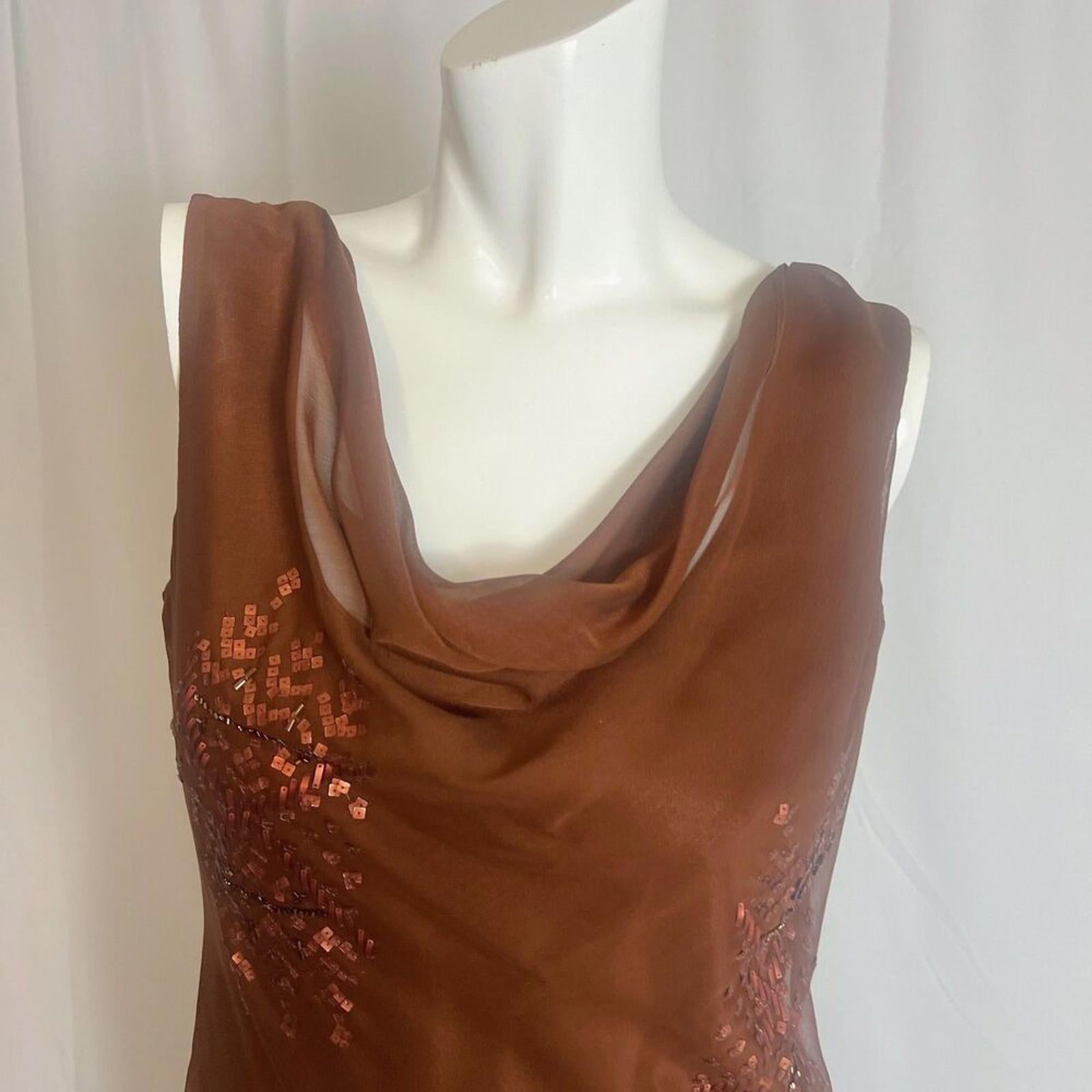 y2k Vintage Sue Wong Copper Brown Beaded Cowl Neck Midi Dress Size 10