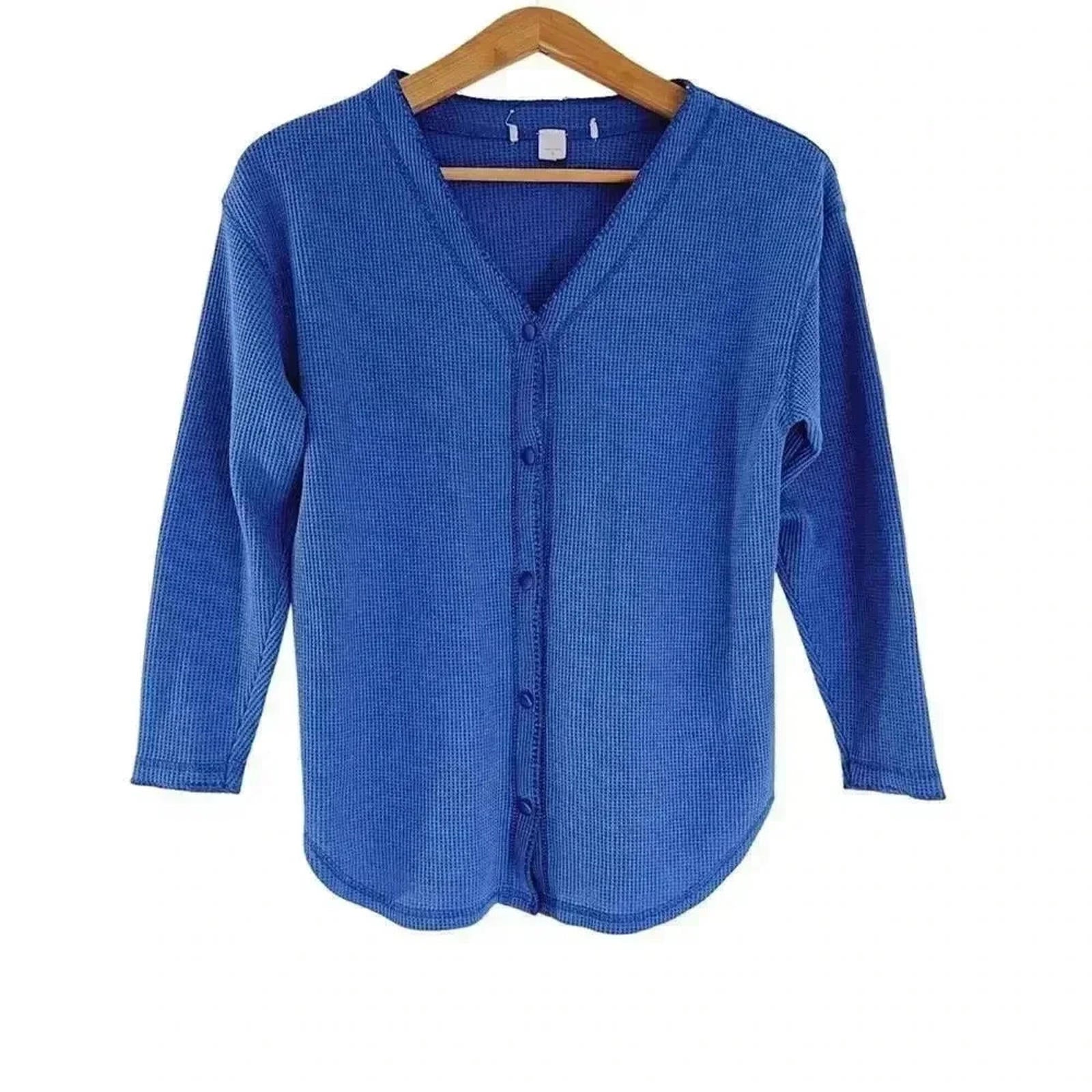 Blue Button Down Waffle Long Sleeve Shirt Women's Size S