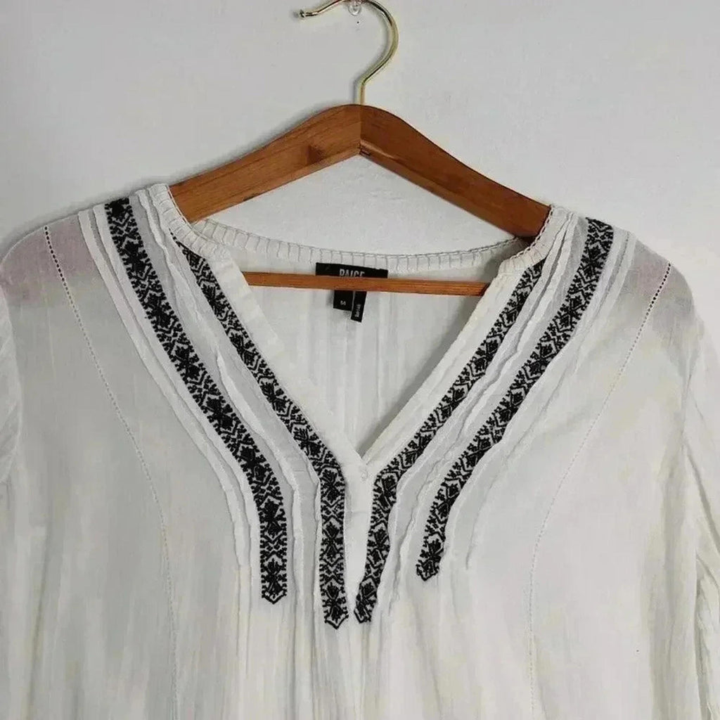 Paige White Blue Embroidered Peasant Blouse Western Country Women's Size M