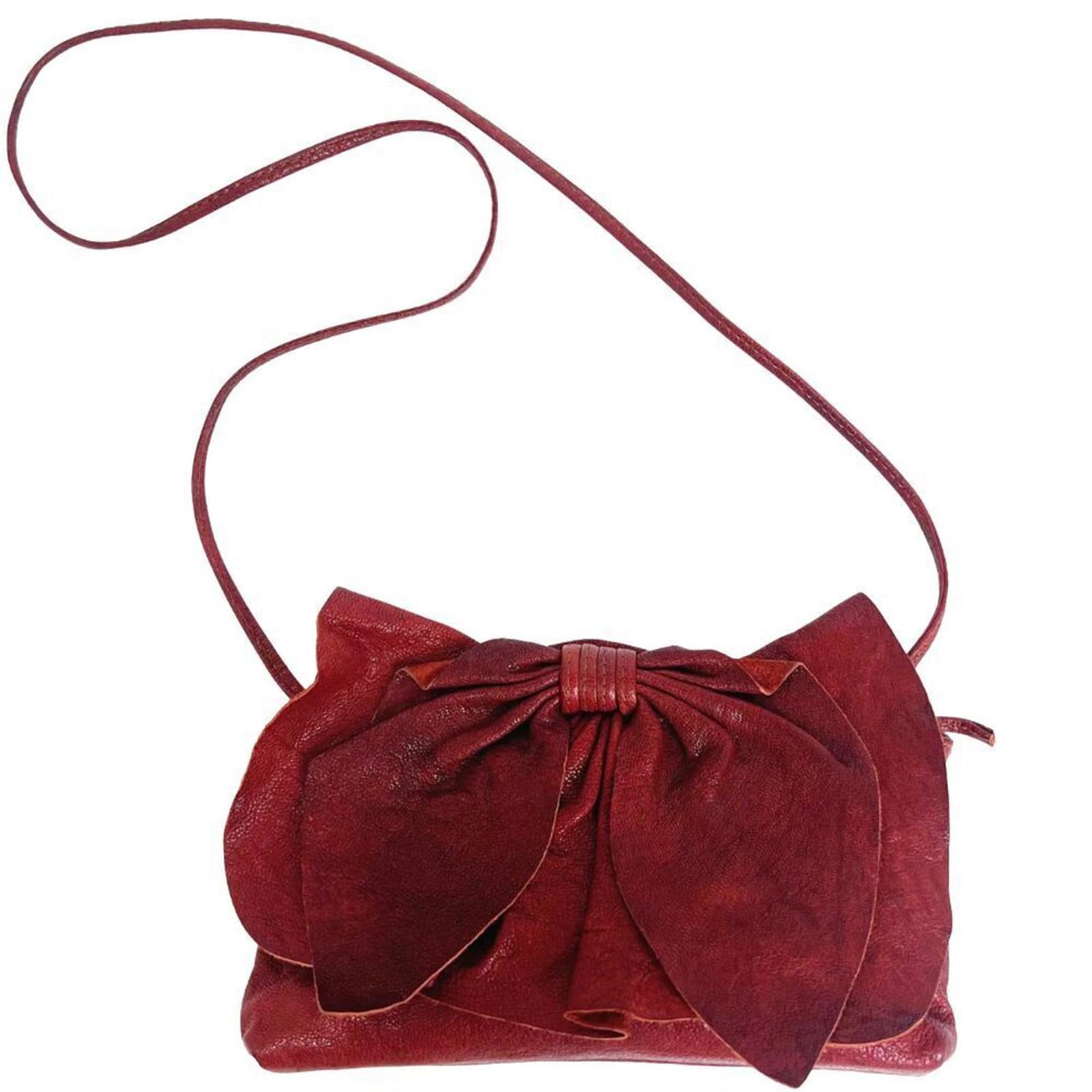 RARE Vintage Susan Farber Dark Red Leather Bow Crossbody Bag Purse Coquette