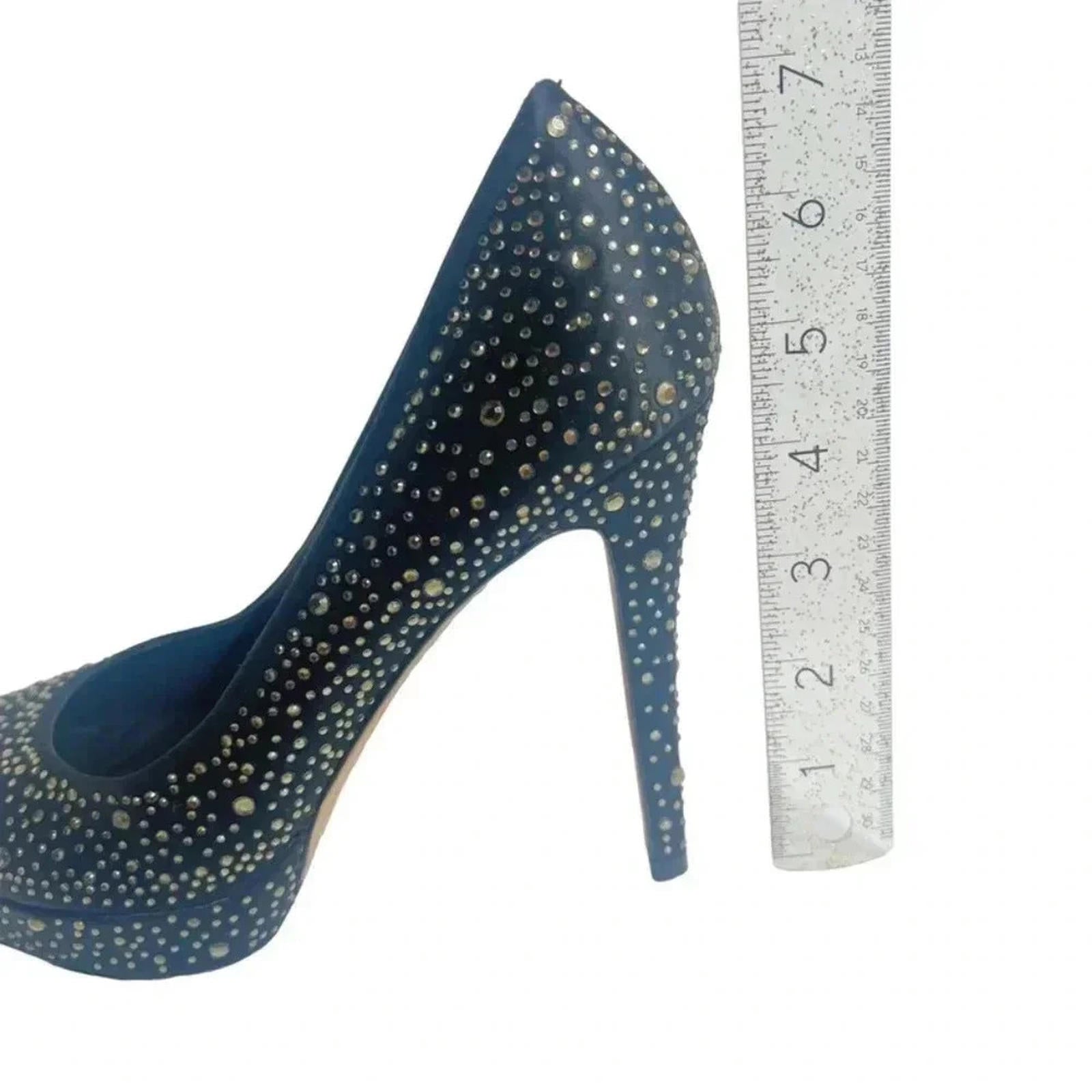 BCBG Maxazria Navy Blue Satin Gold Rhinestone Pumps Stilettos Size 8.5