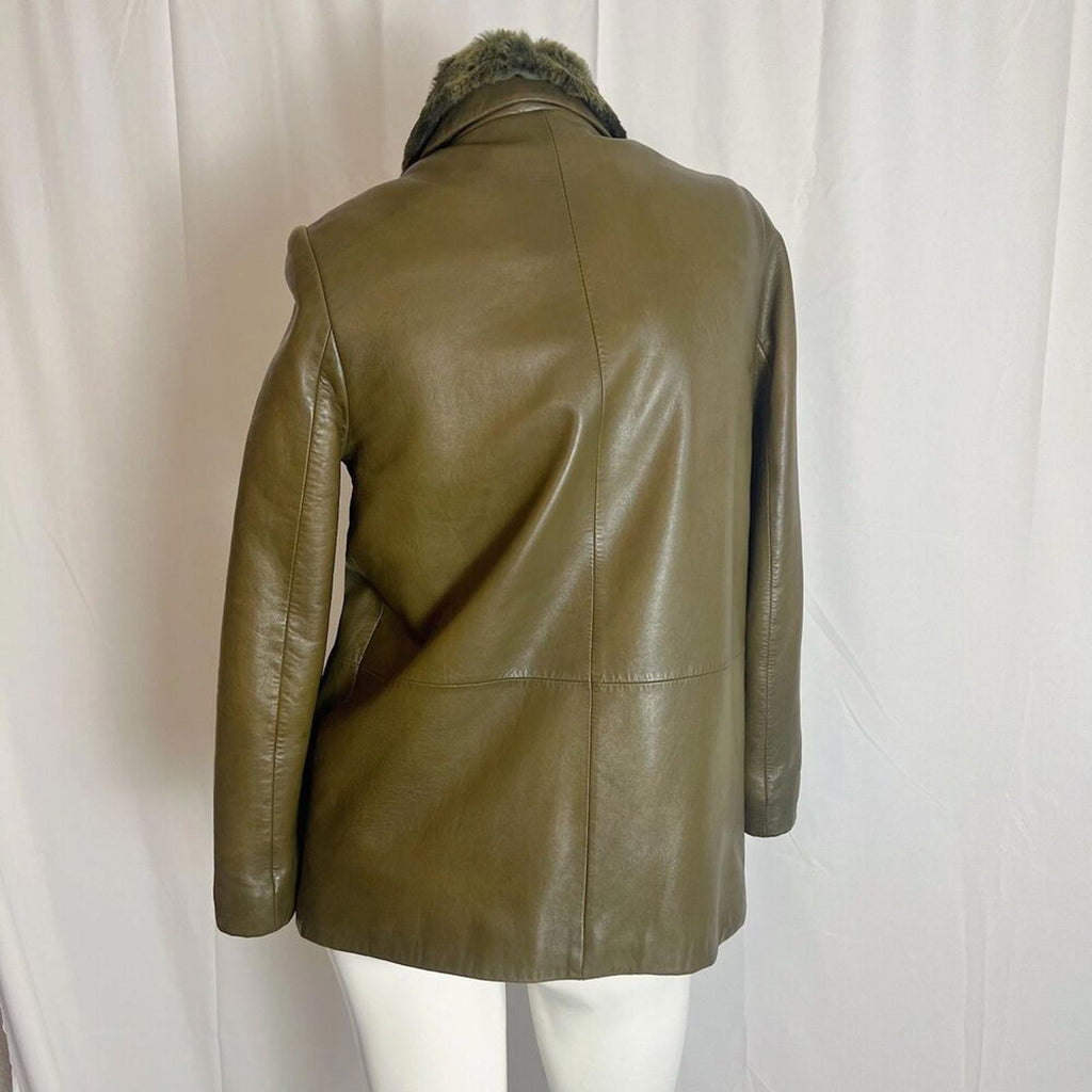 She's Miss Korean Green Leather Button Up Jacket Fur Collar Size S