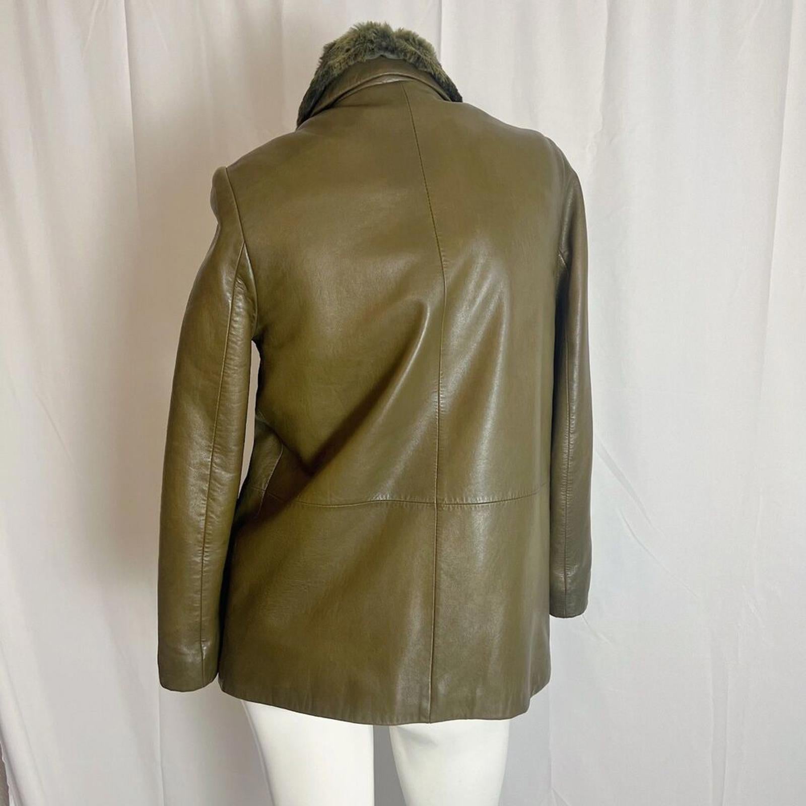 She's Miss Korean Green Leather Button Up Jacket Fur Collar Size S